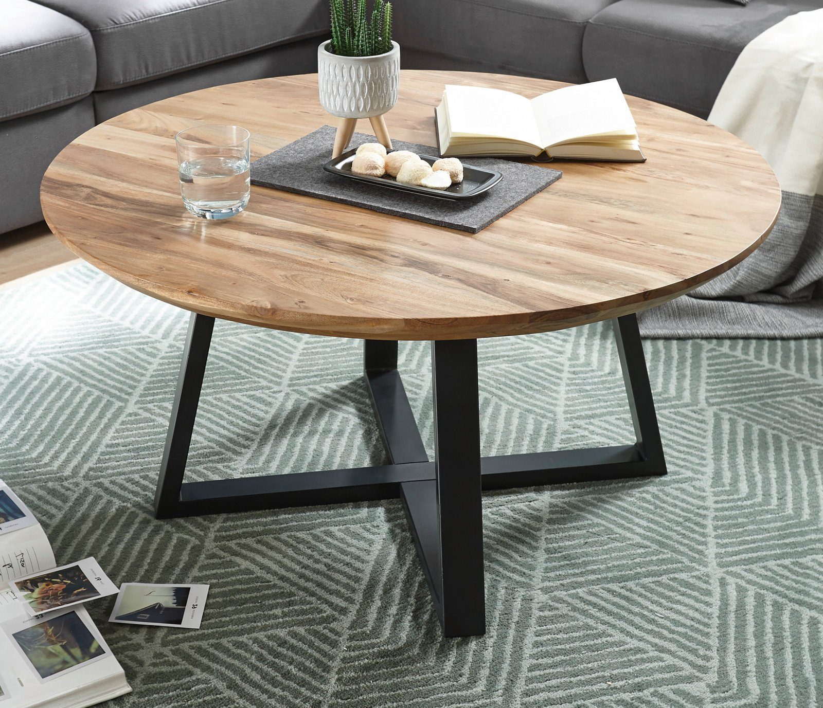 MCA furniture Couchtisch Safaga (Wohnzimmertisch rund, 90 cm, Metallgestell  schwarz), Massivholz, klar lackiert, Couchtisch 