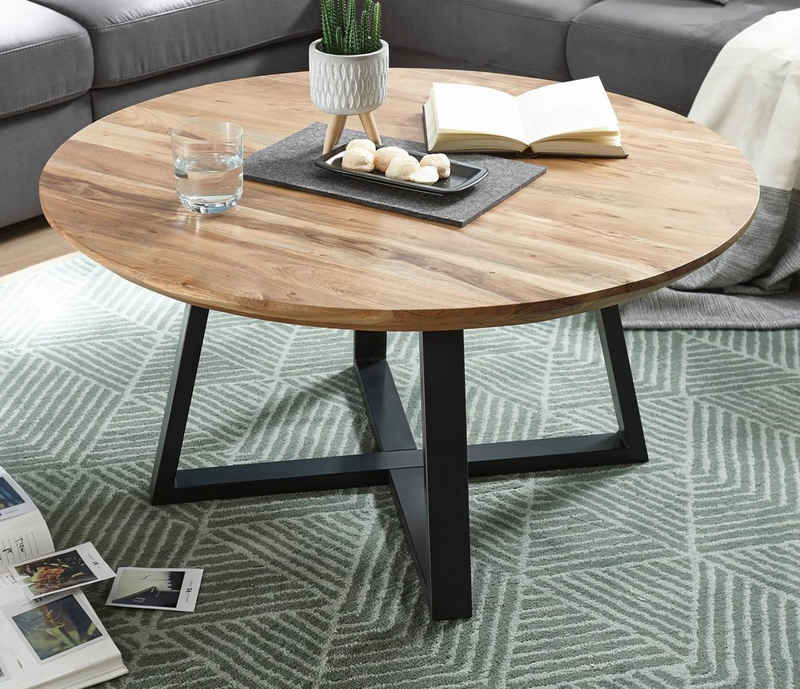 MCA furniture Couchtisch Safaga (Wohnzimmertisch rund, 90 cm, Metallgestell schwarz), Massivholz, klar lackiert