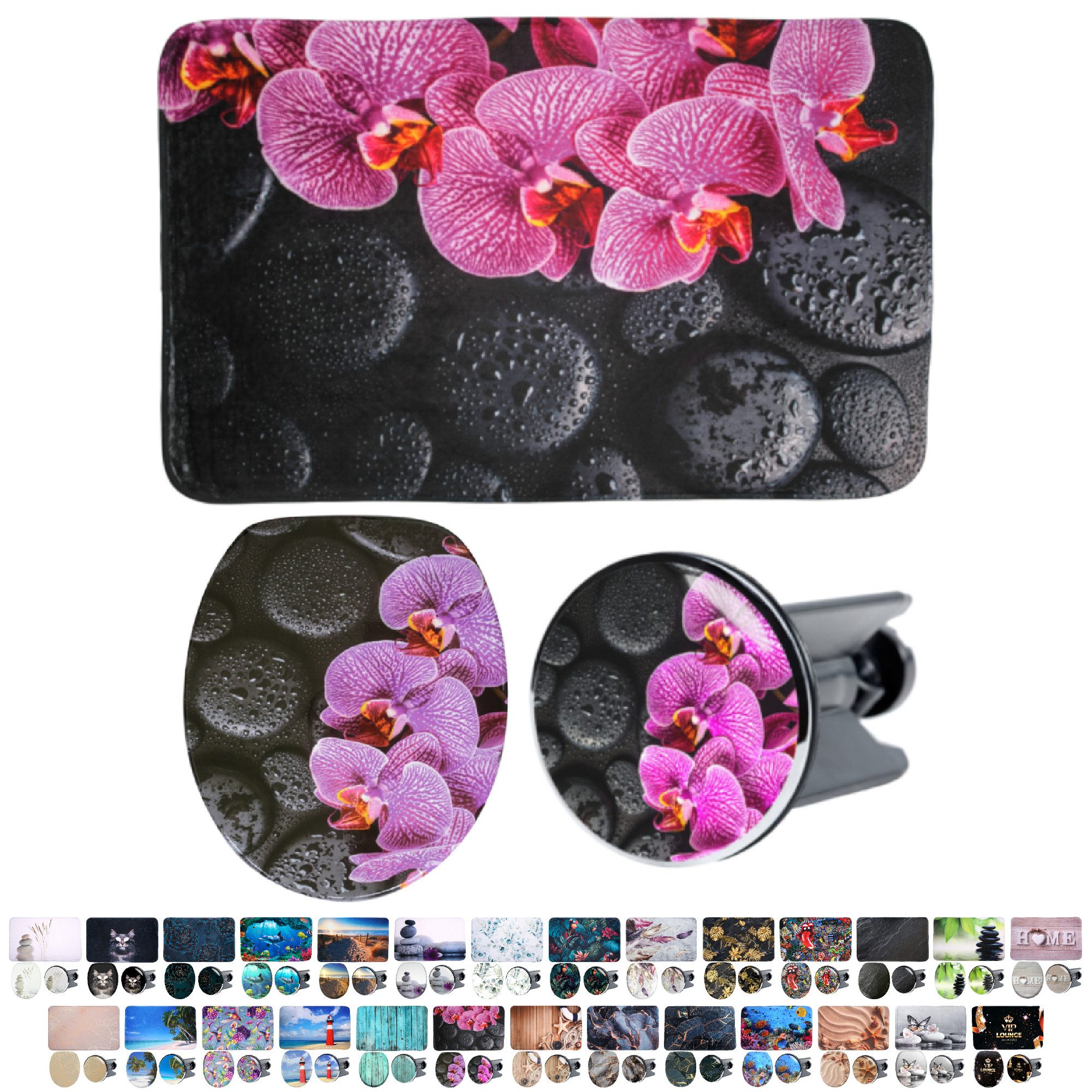 Sanilo Badaccessoire-Set 3-teilig mit Motiv, viele schöne Sets zur Auswahl, WC-Sitz mit Absenkautomatik, Badteppich 70 x 110 cm, Waschbeckenstöpsel, 3 tlg., 3-teilig, hochwertig & modern, universell, leichte Montage
