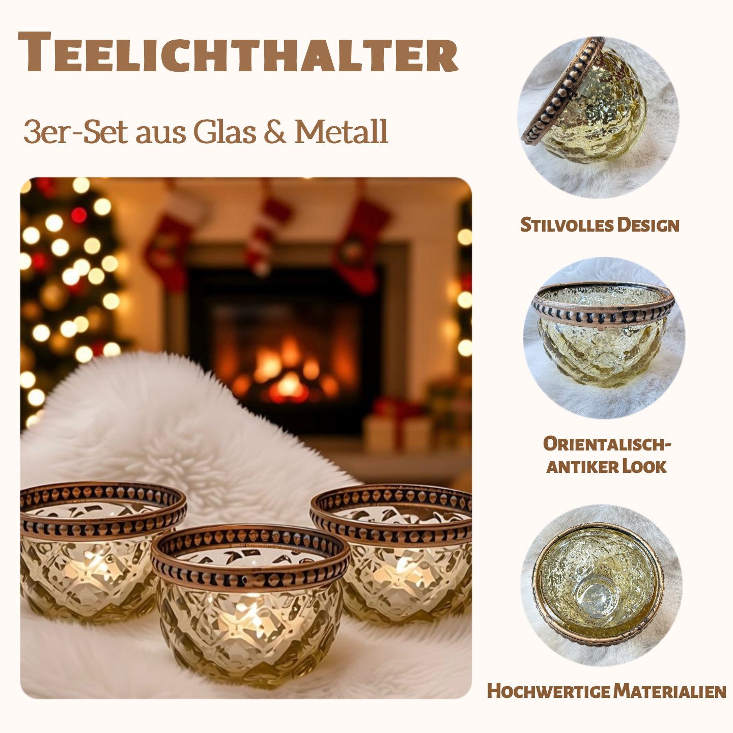 Super Solu Teelichthalter Kerzenhalter Windlicht Orientalisch Vintage /Glas für Deko & Kerzen (Set, 3 St., 3er), Golden, aus Metall und Glas, 7,5 × 7,5 × 5,5 cm