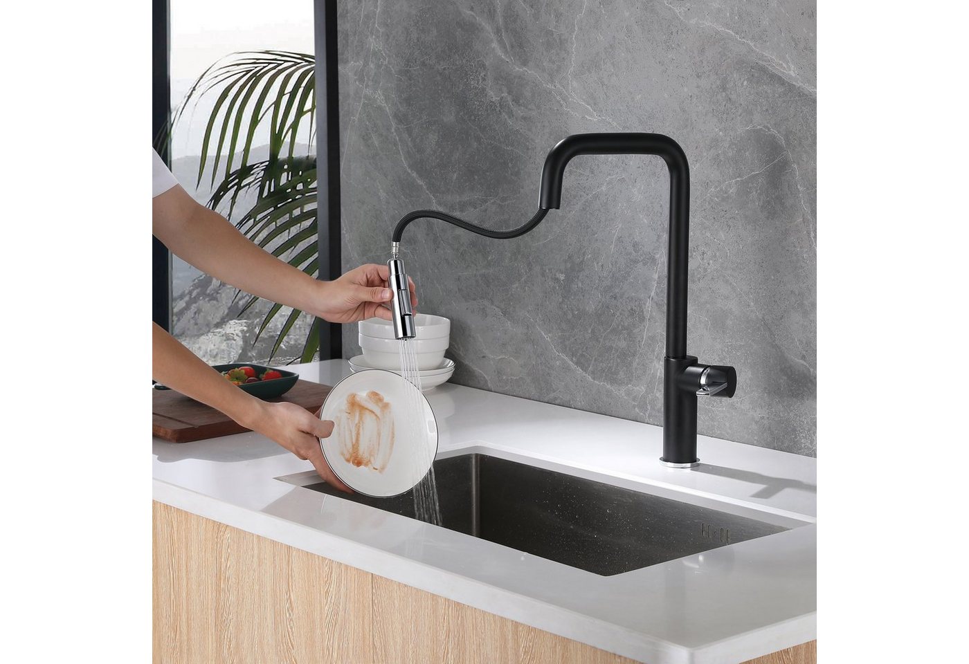 Thumbnail - Sumerain Küchenarmatur wasserhahn küche,mischbatterie küche,Ausziehbare Küchenarmatur (with2*60cm flexible Verbindungssc...