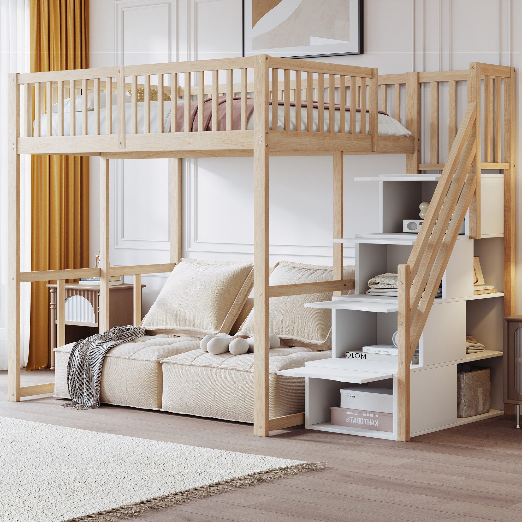 Flieks Hochbett Massivholz Kinderbett Einzelbett 140x200cm mit Stauraumtrep günstig online kaufen