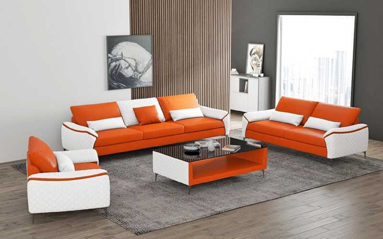 Orange Sitzer Wohnzimmer-Set Nur Komplette Sessel), 2+3 Couchgarnitur Sofa Europe in (3-St., + Wohnzimmer, JVmoebel Ledersofa Sofagarnitur Made Sofa