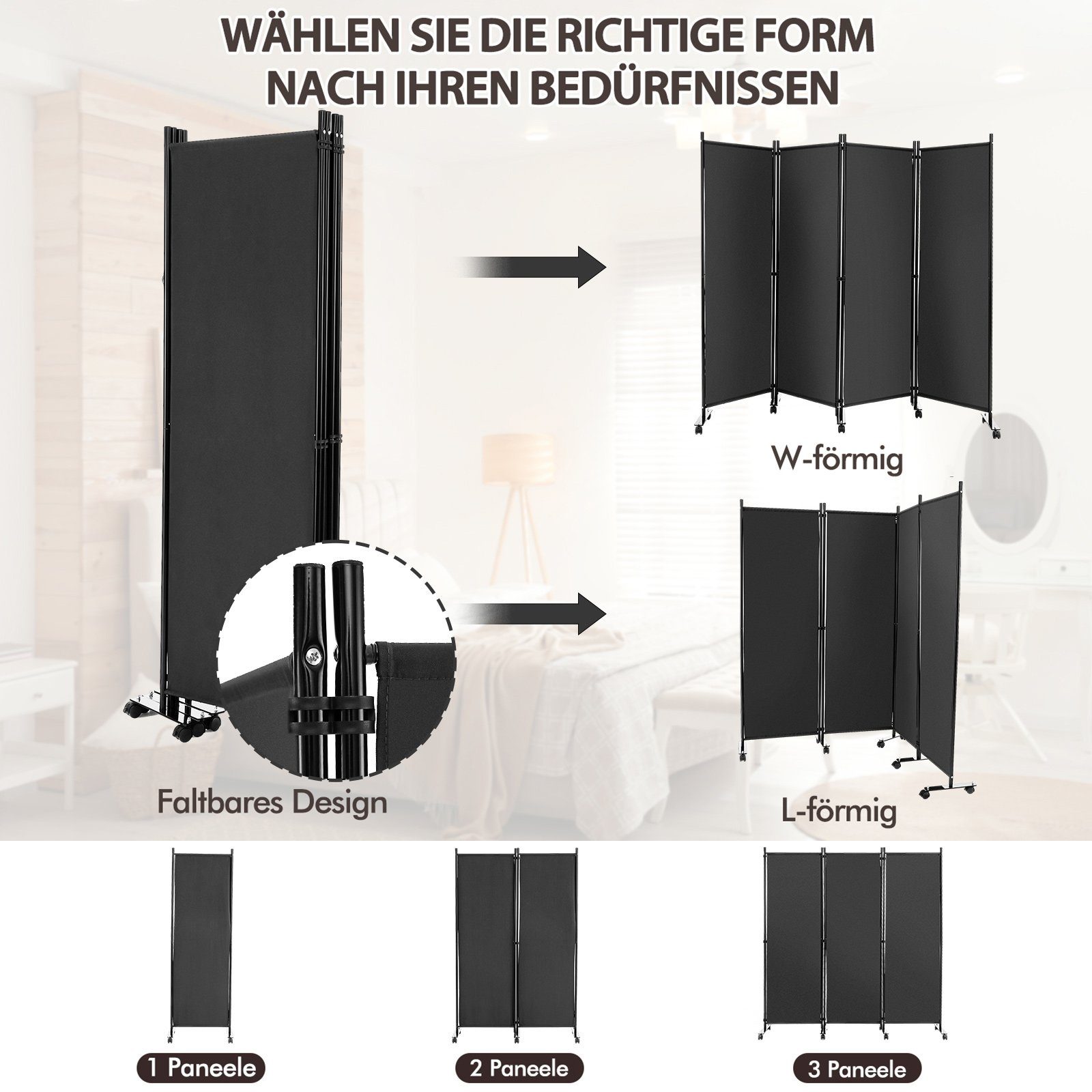 Paravent auf faltbar, Metallrahmen, 4 225x173cm Grau tlg., COSTWAY Rollen,