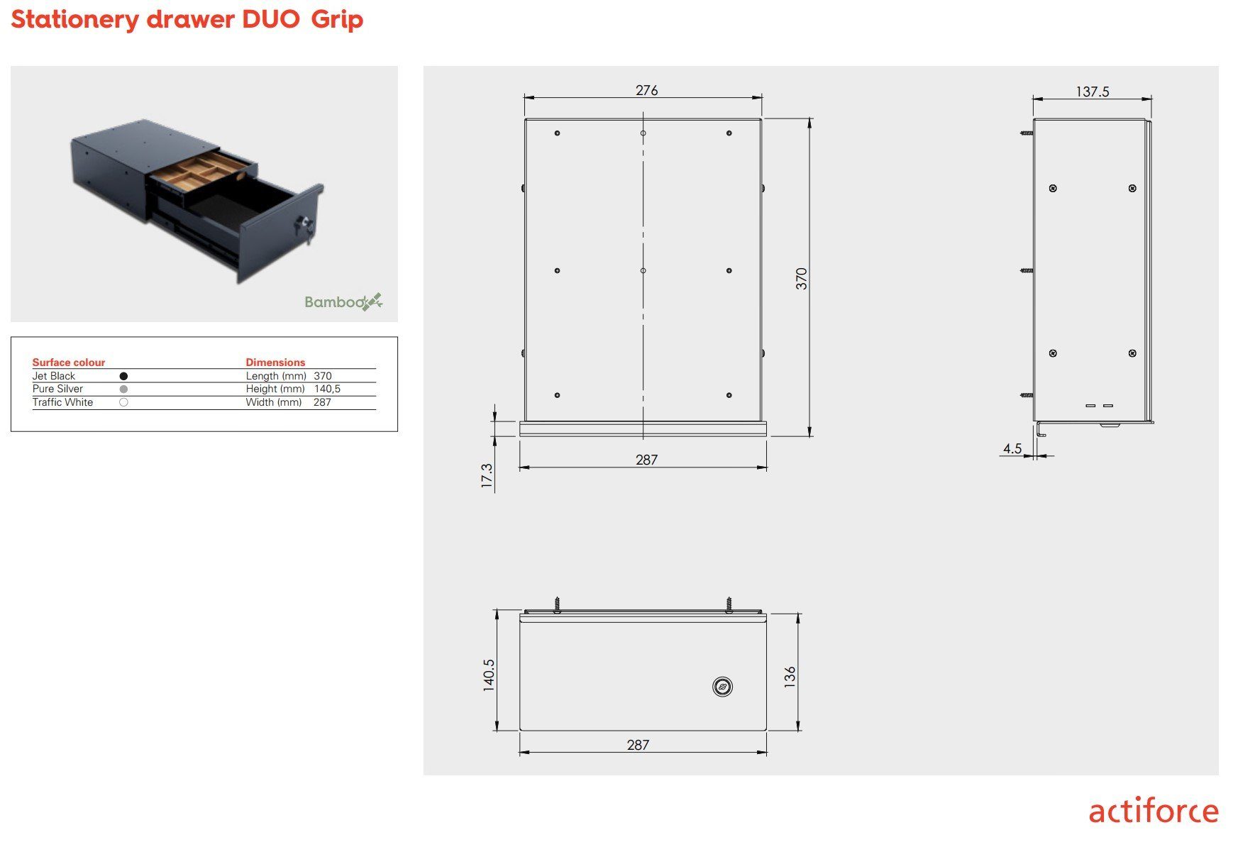 Actiforce Schubladenbox DUO PRO, (Schreibtisch Befestigung der Utensilien-Auszug, Schubladenauszug, inkl. zur Stiftablage, Organizer, Einlage Bambus-Einlage), Silber Vollauszug, unterhalb mit Unterbauschublade, praktischer Arbeitsplatte