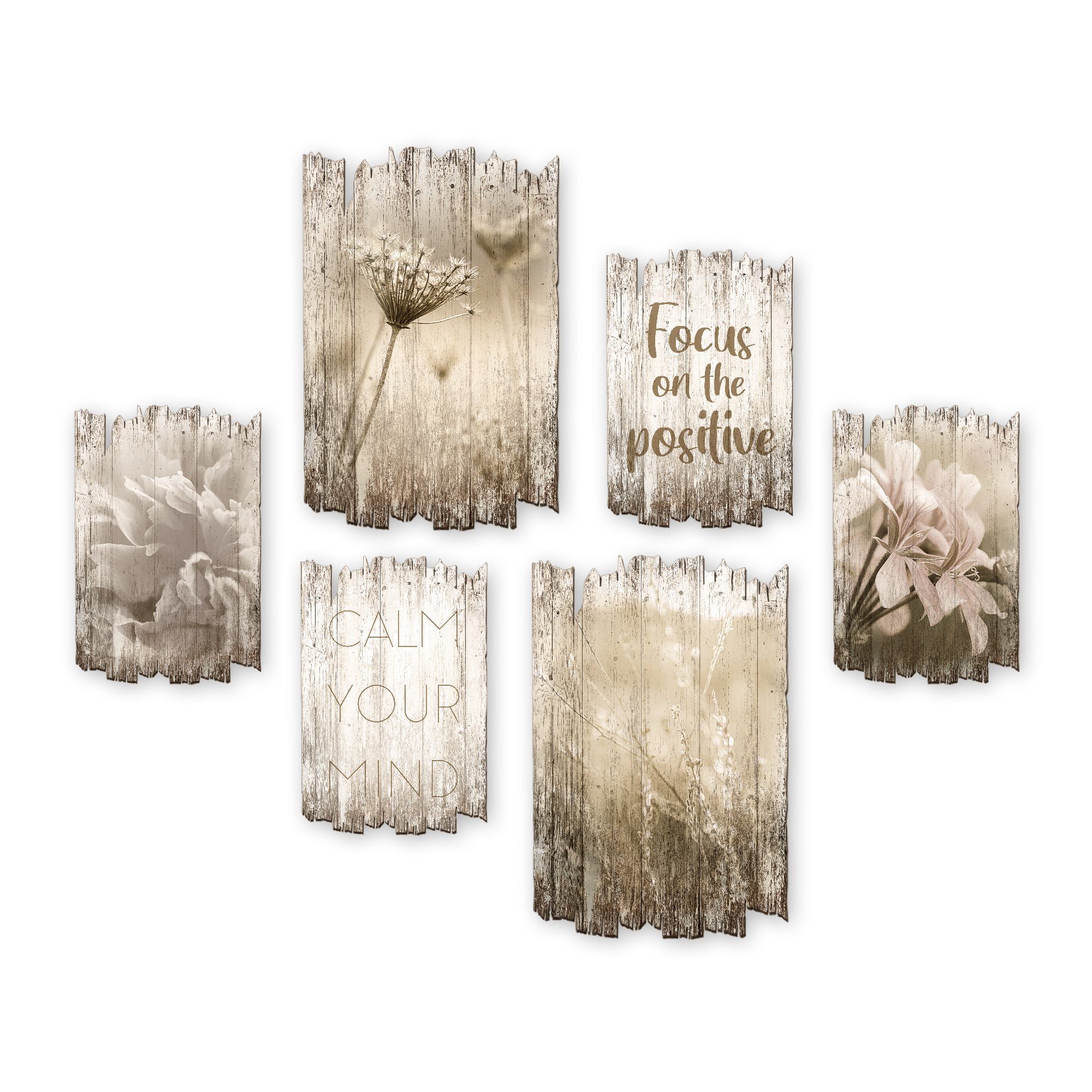 Kreative Feder Wandbild Blüten, Shabby chic, 6-teiliges Wandbilder-Set aus Holz