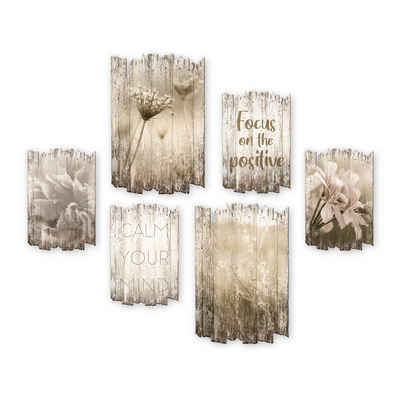 Kreative Feder Wandbild Blüten, Shabby chic, 6-teiliges Wandbilder-Set aus Holz