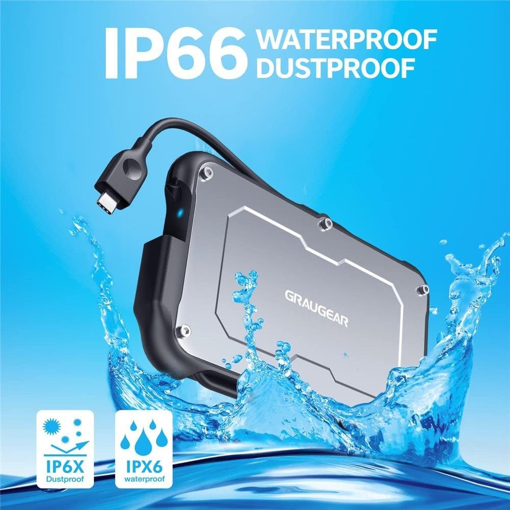 GRAUGEAR Festplatten-Gehäuse USB Type-C externes Gehäuse für 2,5“ SATA SSD, Festplatten Gehäuse für 2,5 Zoll, USB C, silber, wasserfest, IP66
