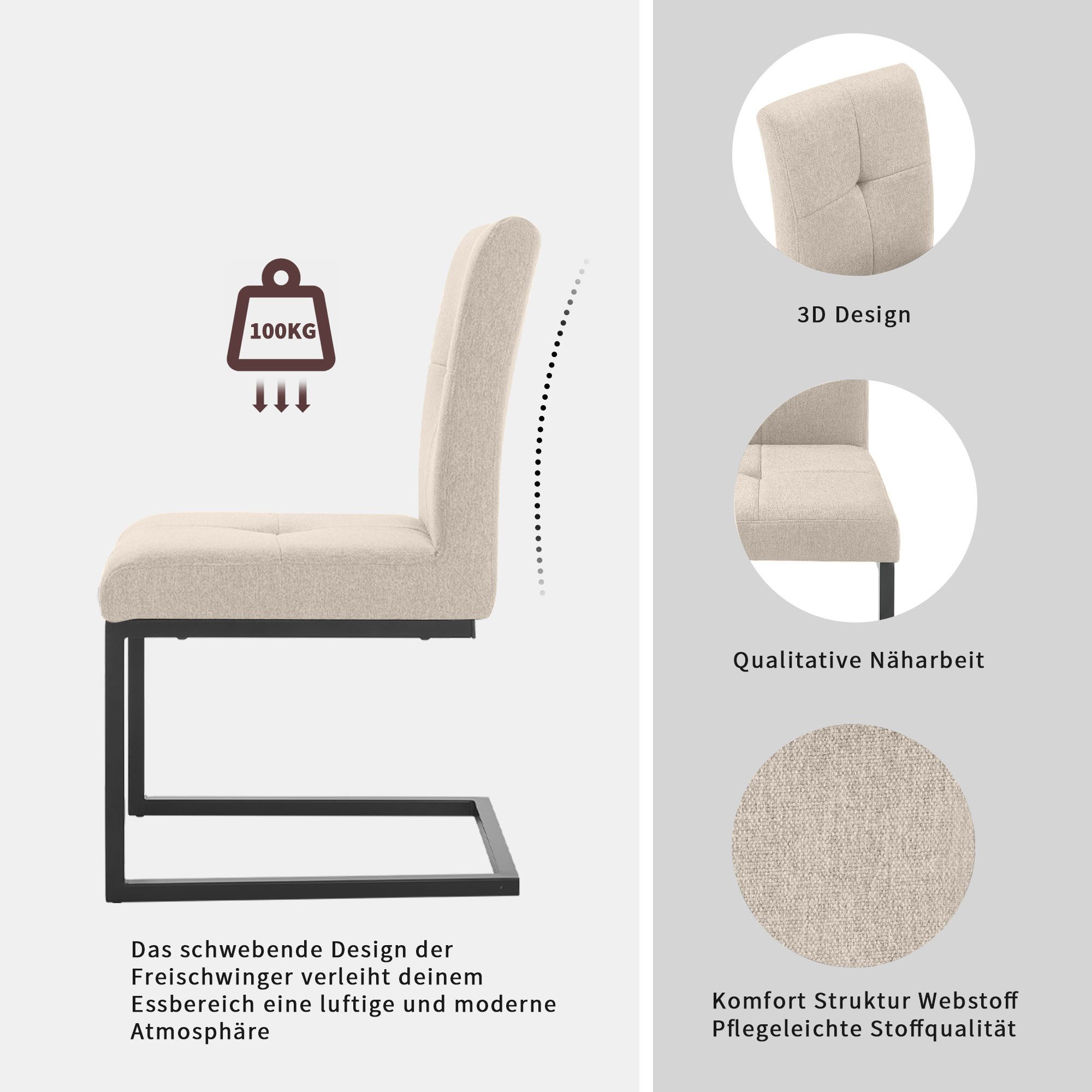 OTTO home Esszimmerstuhl Geranie Freischwinger, Schwingstuhl (Set, 2 St), mit 3D-Steppung, robustes Gestell, hochwertiger Stoff – Bild 3 von 5