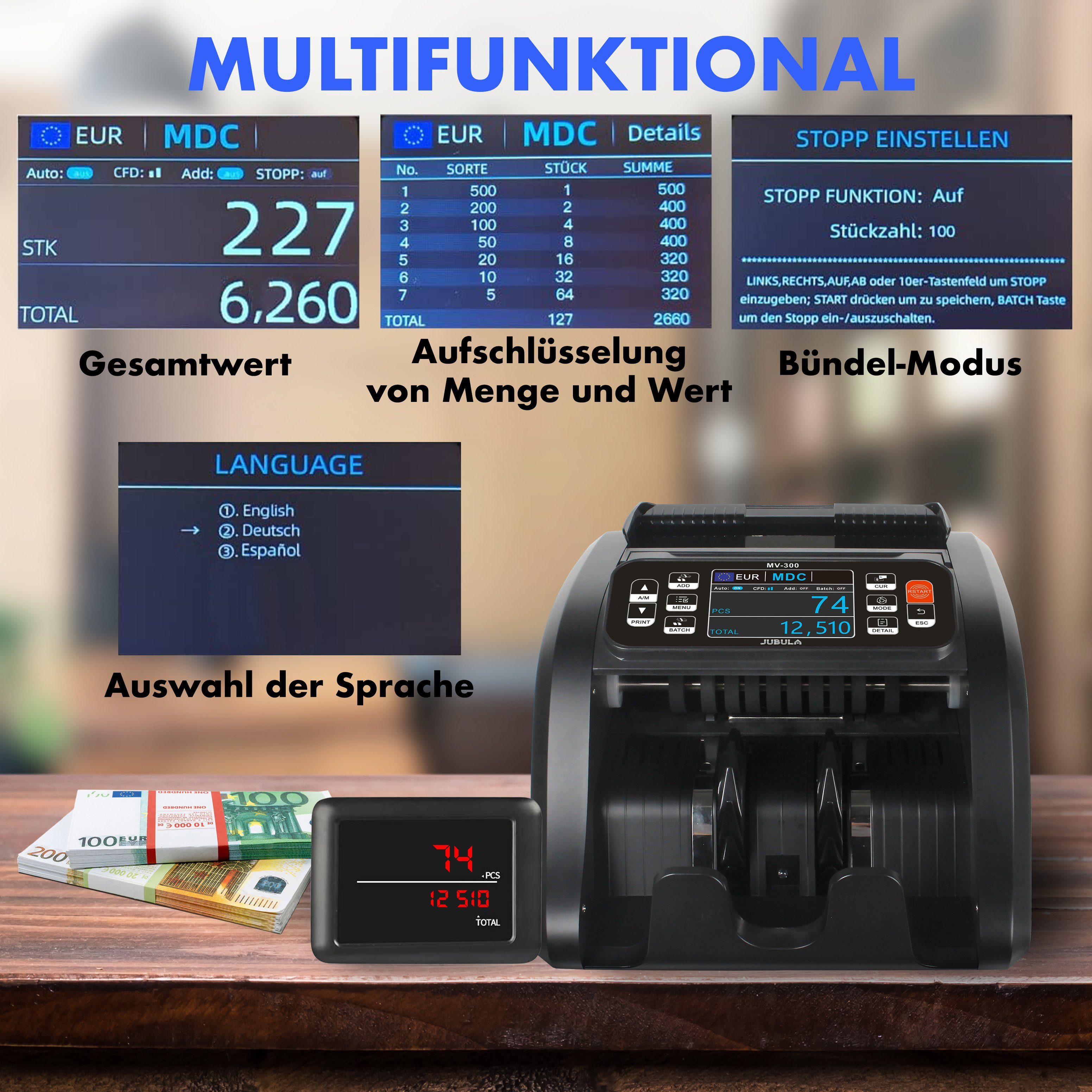 Jubula Banknotenzähler MV-300 + Thermodrucker MPR-1, EUR USD GBP, Geldzählmaschine für gemischte Geldscheine, Exakt