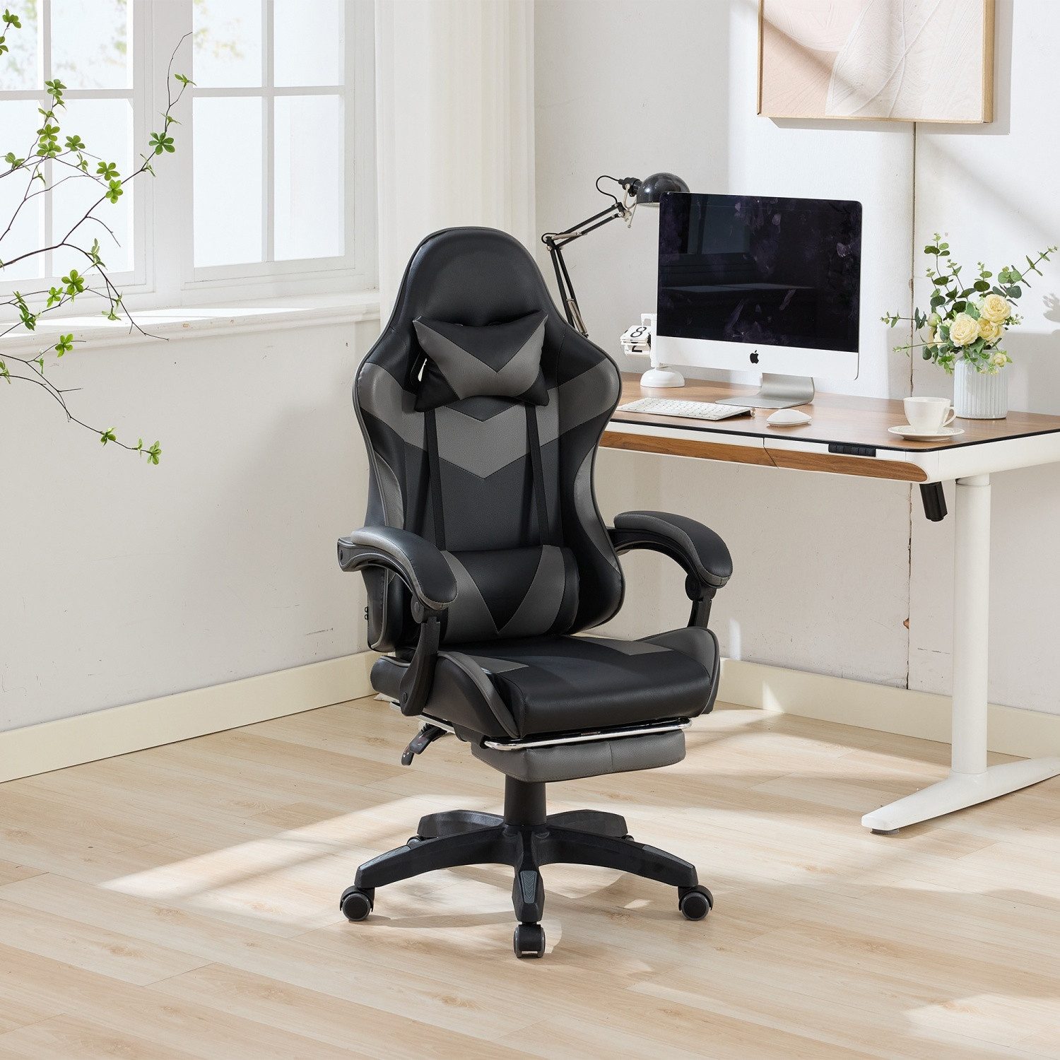 ANYSUN Gaming-Stuhl Bürostuhl Ergonomisch mit Hohem Rückenlehnen und Fußstütze (Gaming-Stuhl Bürostuhl mit Massagefunktion, Fußstütze, Kopfstütze), Kopfstütze und Lendenwirbelstütze für Büro und Gaming