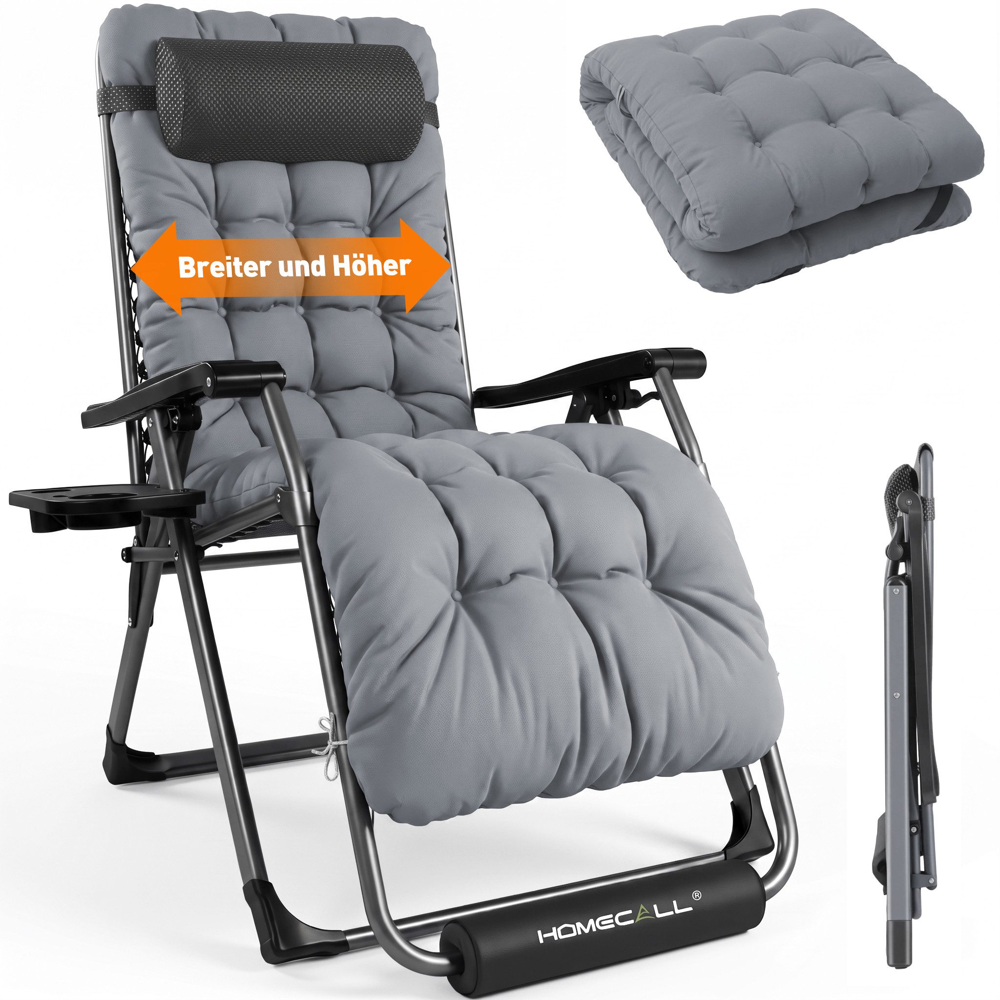 HOMECALL Gartenliege Sonnenliege Klappbar, Liegestuhl mit Weiches Kissen,groß Campingstuhl, XXL Extra breiter Zero Gravity Stuhl, 1 St., bis 180 KG, für Garten Terrasse Balkon