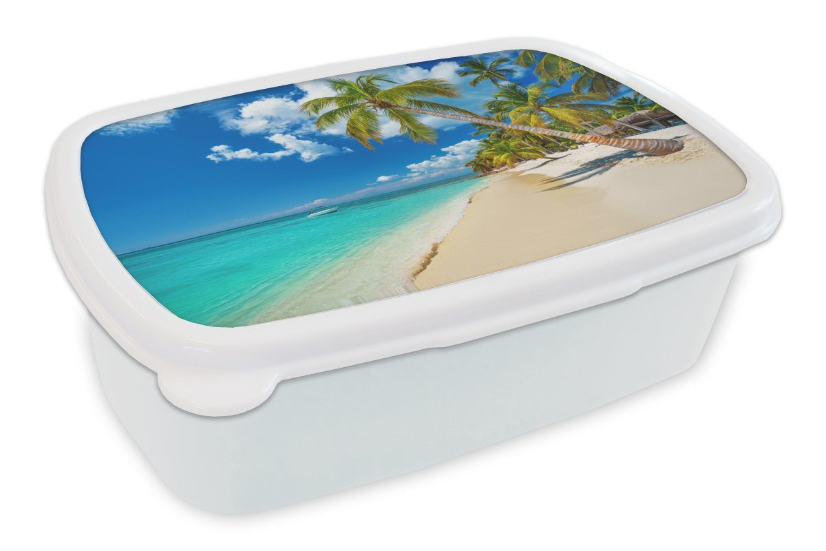 MuchoWow Lunchbox Strand - Meer - Boot - Palme, Kunststoff, (2-tlg), Brotbox für Kinder und Erwachsene, Brotdose, für Jungs und Mädchen weiß