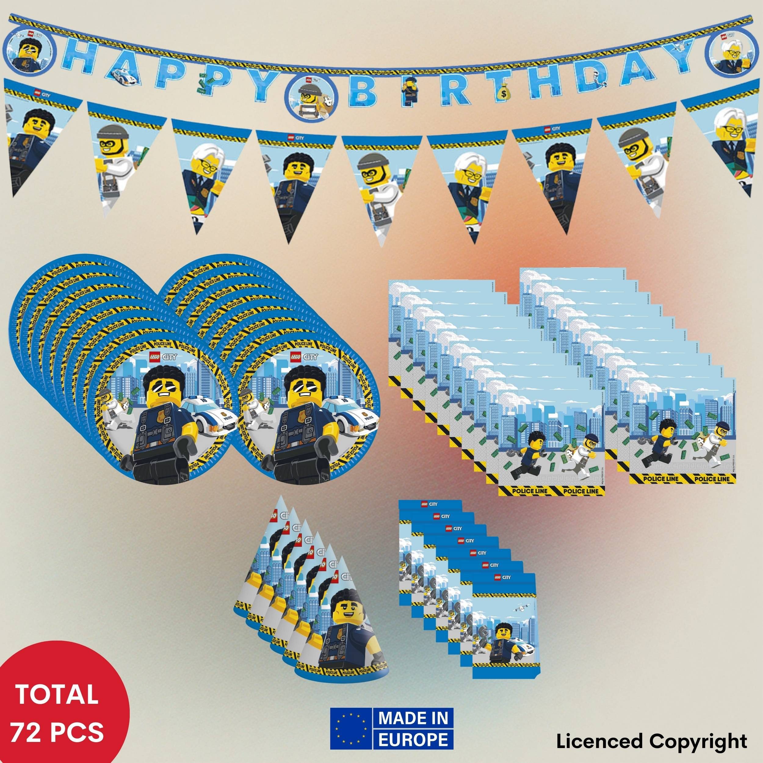 Procos Einweggeschirr-Set 72-tlg. Lego City Party Set für Kindergeburtstag, 8 Personen