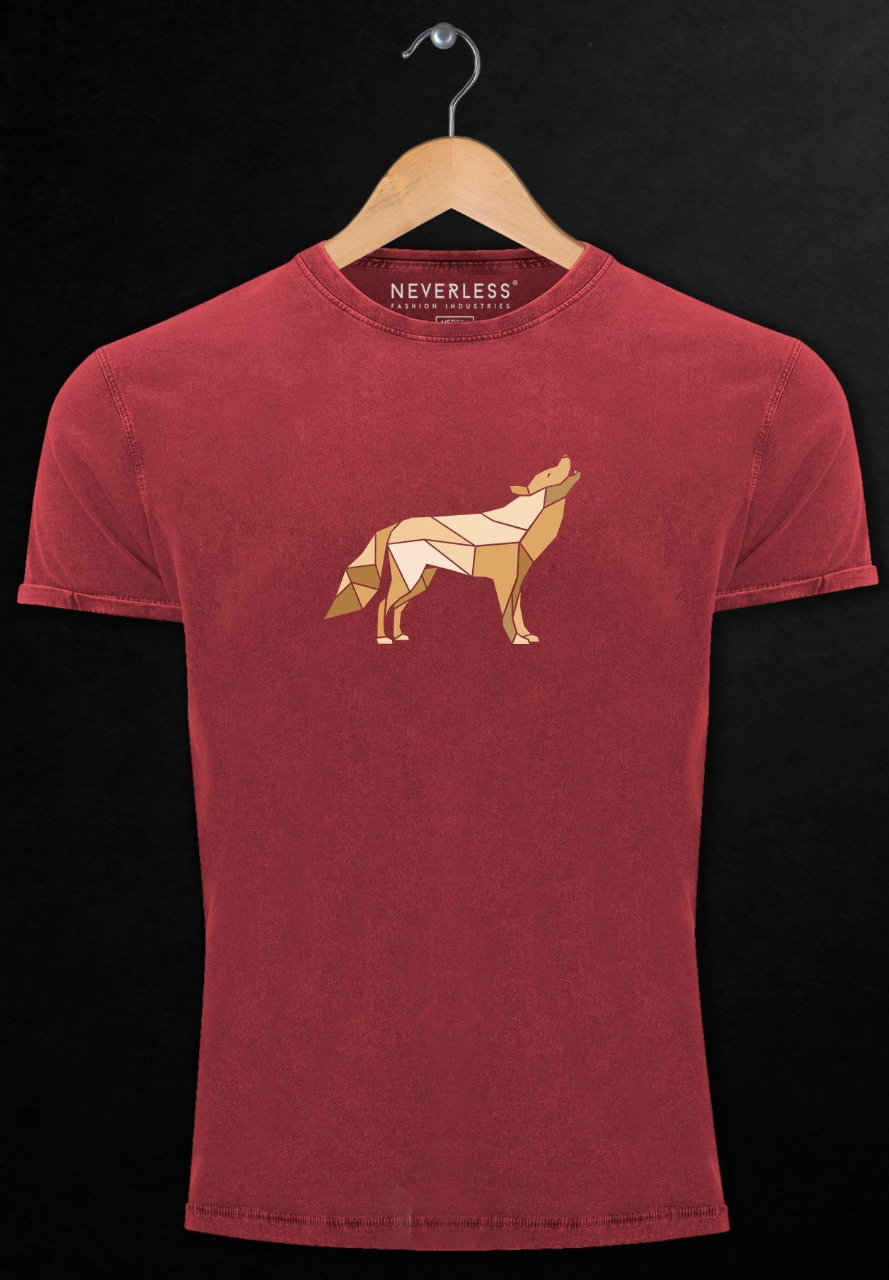 Print Aufdruck rot Print Polygon Print-Shirt Geometrie Vintage mit Herren Wil Neverless Outdoor Wolf Shirt
