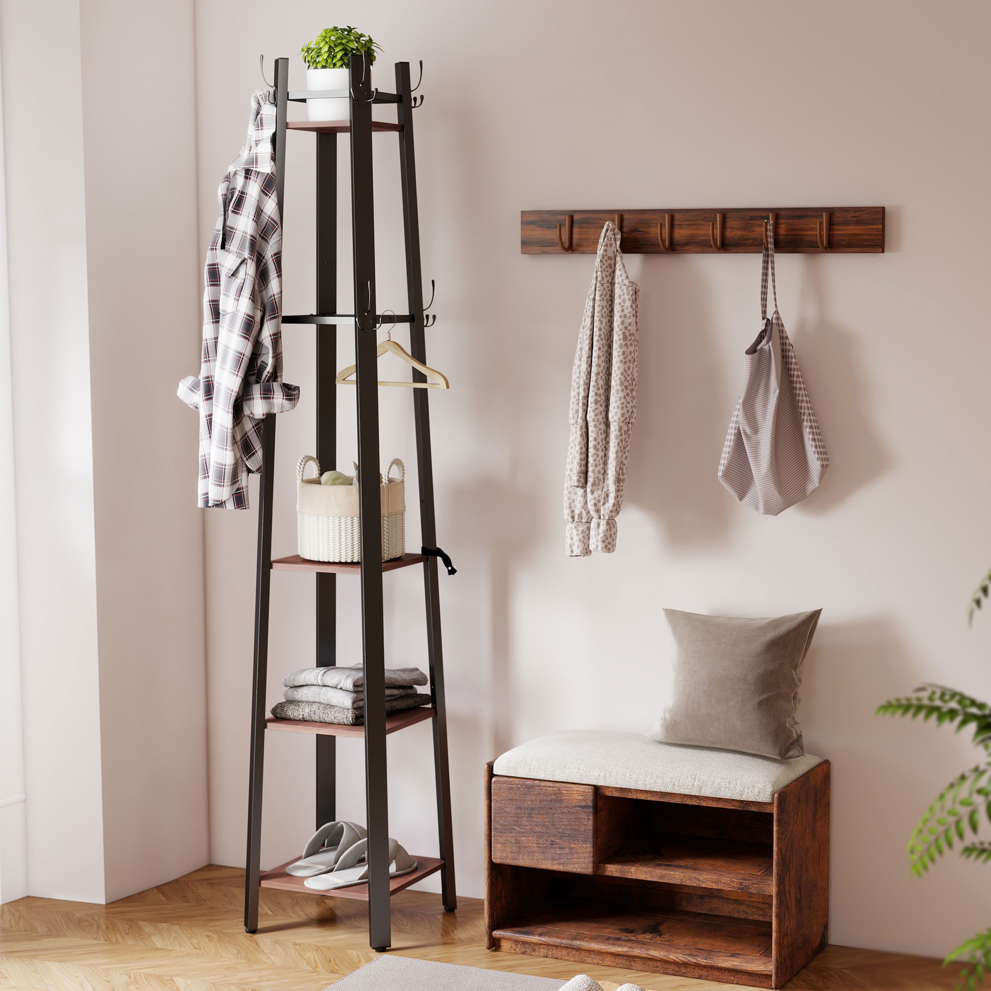HOMCOM Garderobenständer Kleiderständer mit 4 Ablagen, 8 Haken im Industrie-Stil, (Jackenständer, 1 St., Garderobe), für Kleidung, Tasche und Hut, für Flur und Schlafzimmer Braun