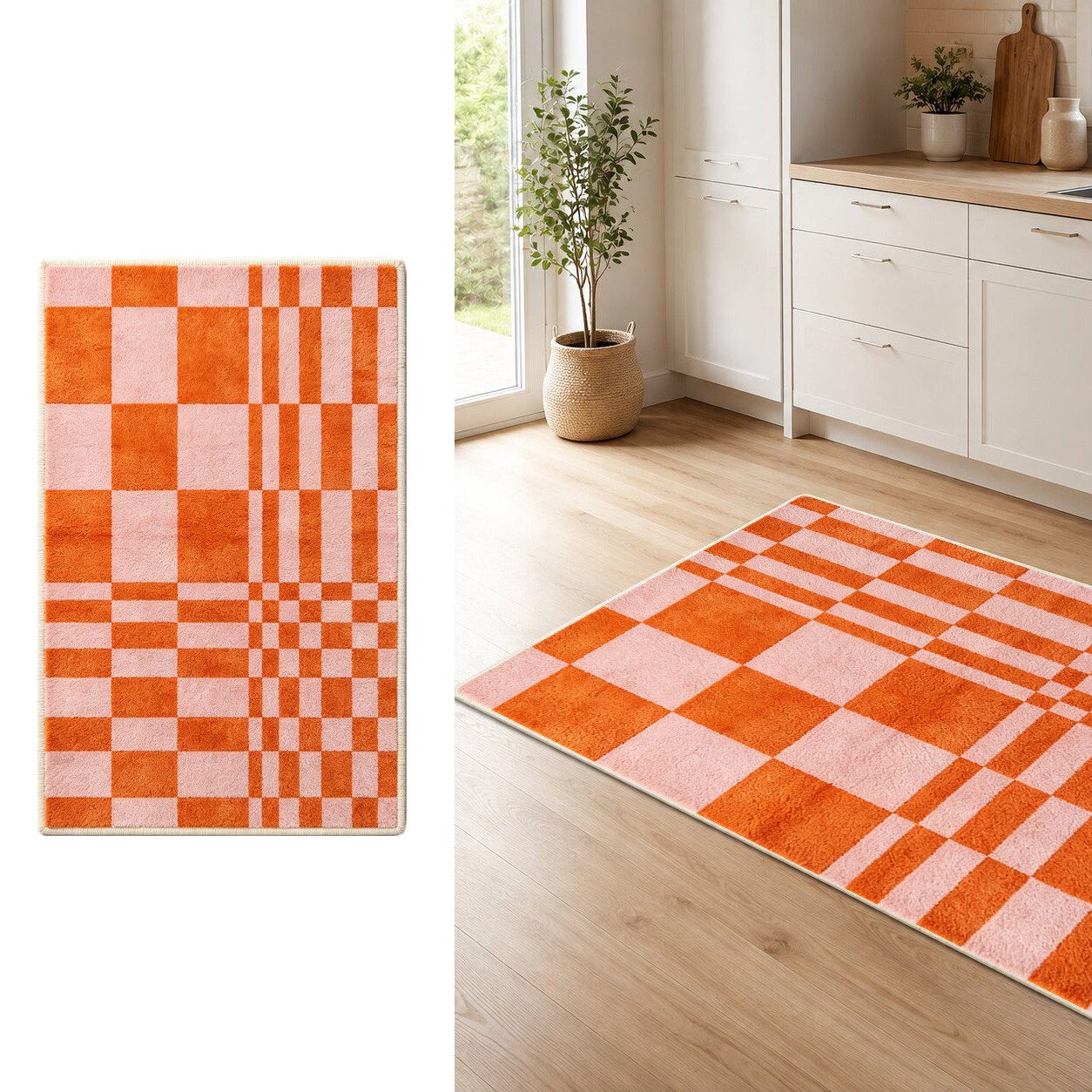 Jumpeak Teppich Teppich, orangefarbenes Schachbrettmuster, waschbar, Geschenk, Rechteck, Höhe: 5 mm, Rectangular, 5mm dick, faux cashmere, indoor rug, machine-washable rug