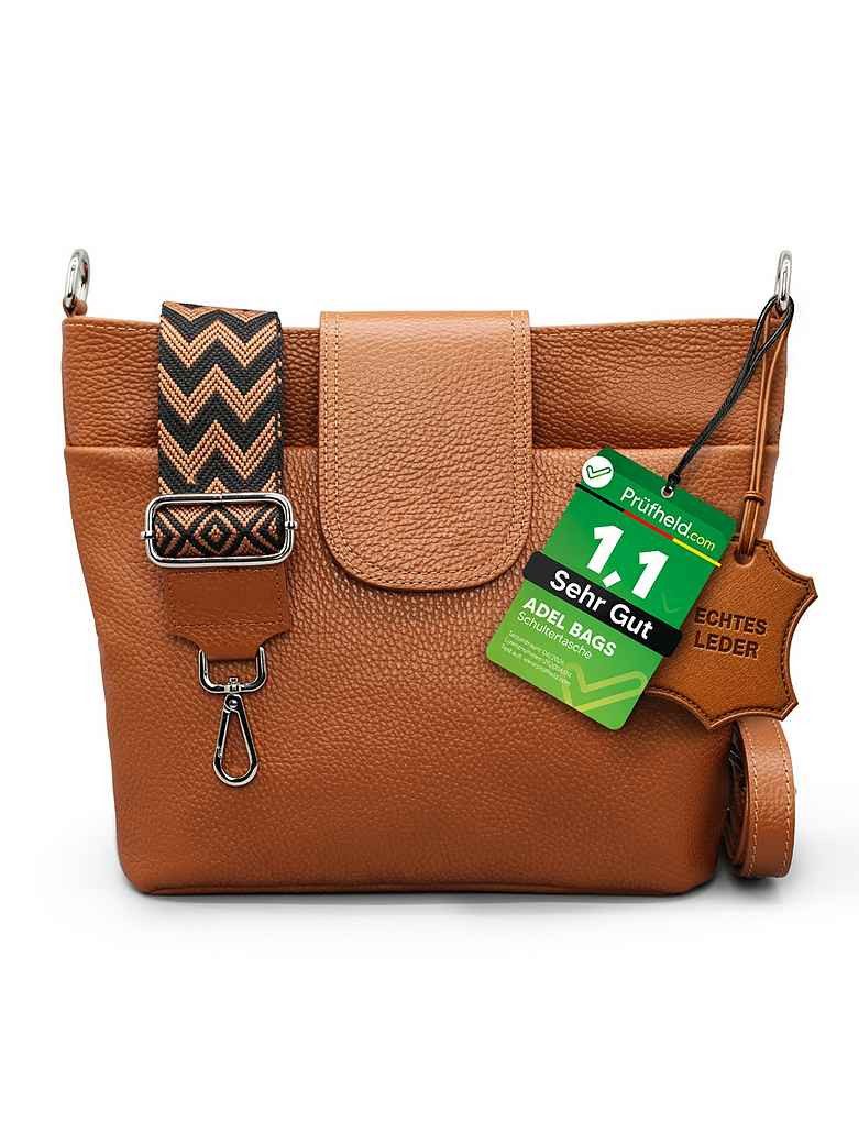 Adel Bags Schultertasche SARA Umhängetasche Damen Cognac Braun aus Echtleder Crossbody (Test SEHR GUT, Note 1.1), 20 Farboptionen, Hergestellt in Italien, mit 2 Riemen