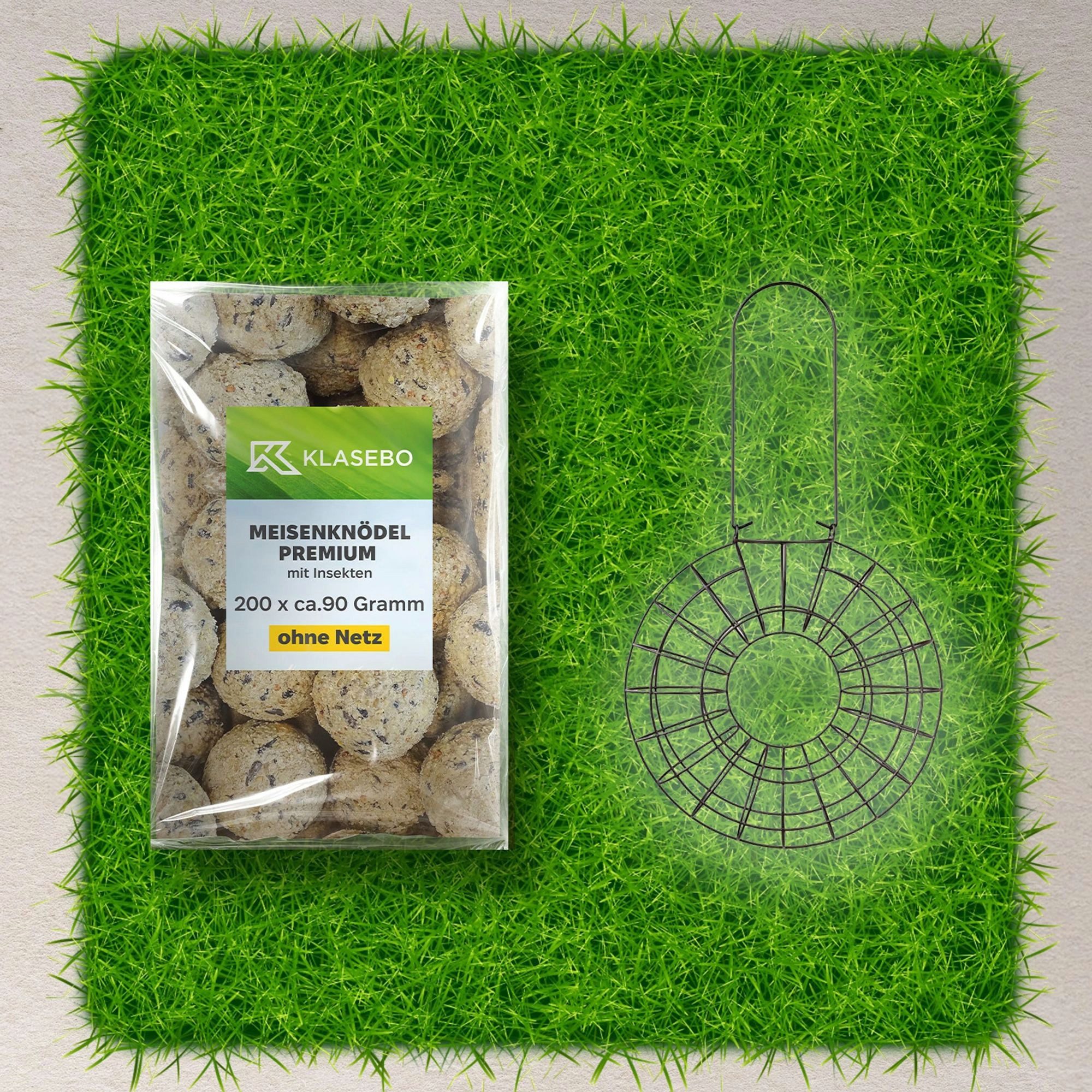 Boni-Shop Meisenknödel Set: 200 Stk. 90g mit Insekten & Mehlwürmern + Robuster, für: Vogel, Metall-Futterspender