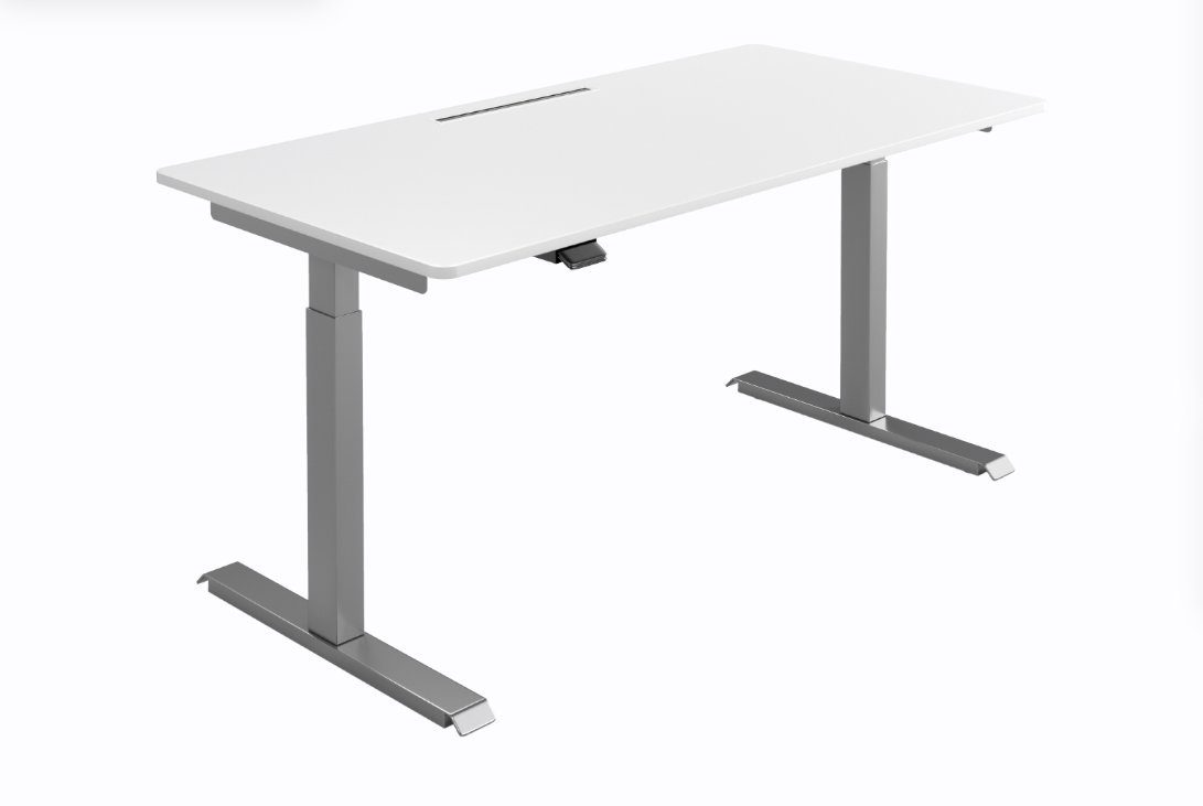 MO Casa Schreibtisch Elektrisch höhenverstellbarer Schreibtisch "MO Five" mit Tischplatte und integriertem Kabeldurchlass - stufenlos verstellbarer Bürotisch (Sitz-Steh Tisch) - nachhaltig in Deutschland gefertigt - ergonomischer Arbeitsplatz, verschiedene Größen und Farben frei wählbar Silber | Weiß