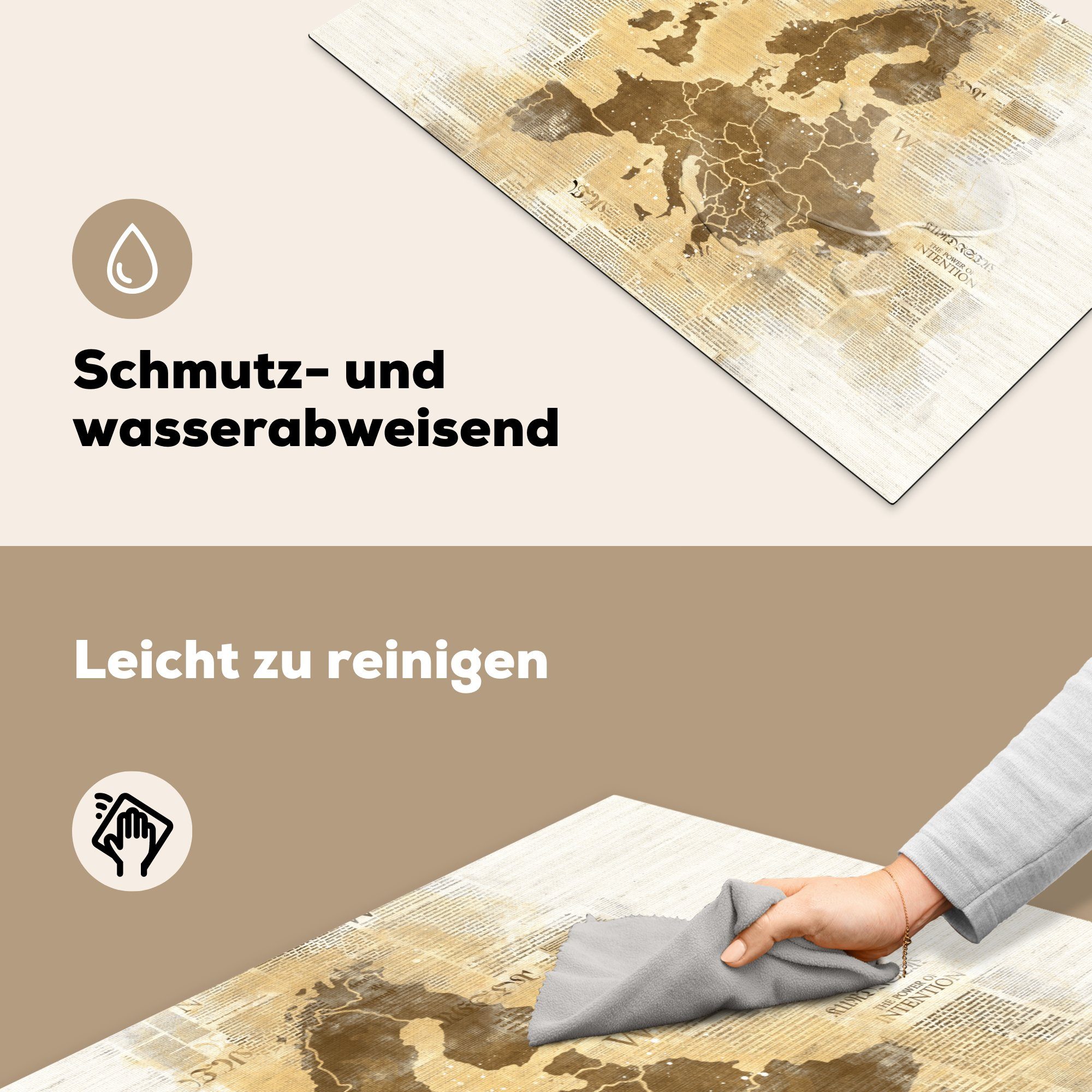 MuchoWow Herdblende-/Abdeckplatte Karte von Europa cm, 81x52 Braun Zeitung, tlg), Vinyl, küche, - für Induktionskochfeld - die (1 Schutz Ceranfeldabdeckung