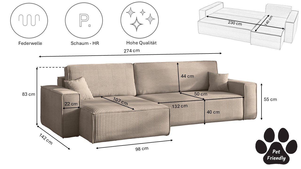 Kaiser Möbel Ecksofa mit schlaffunktion und bettkasten, BEST XL stoff Poso, Quelle, Verita, Mit Bettfunktion und Bettzeugfach