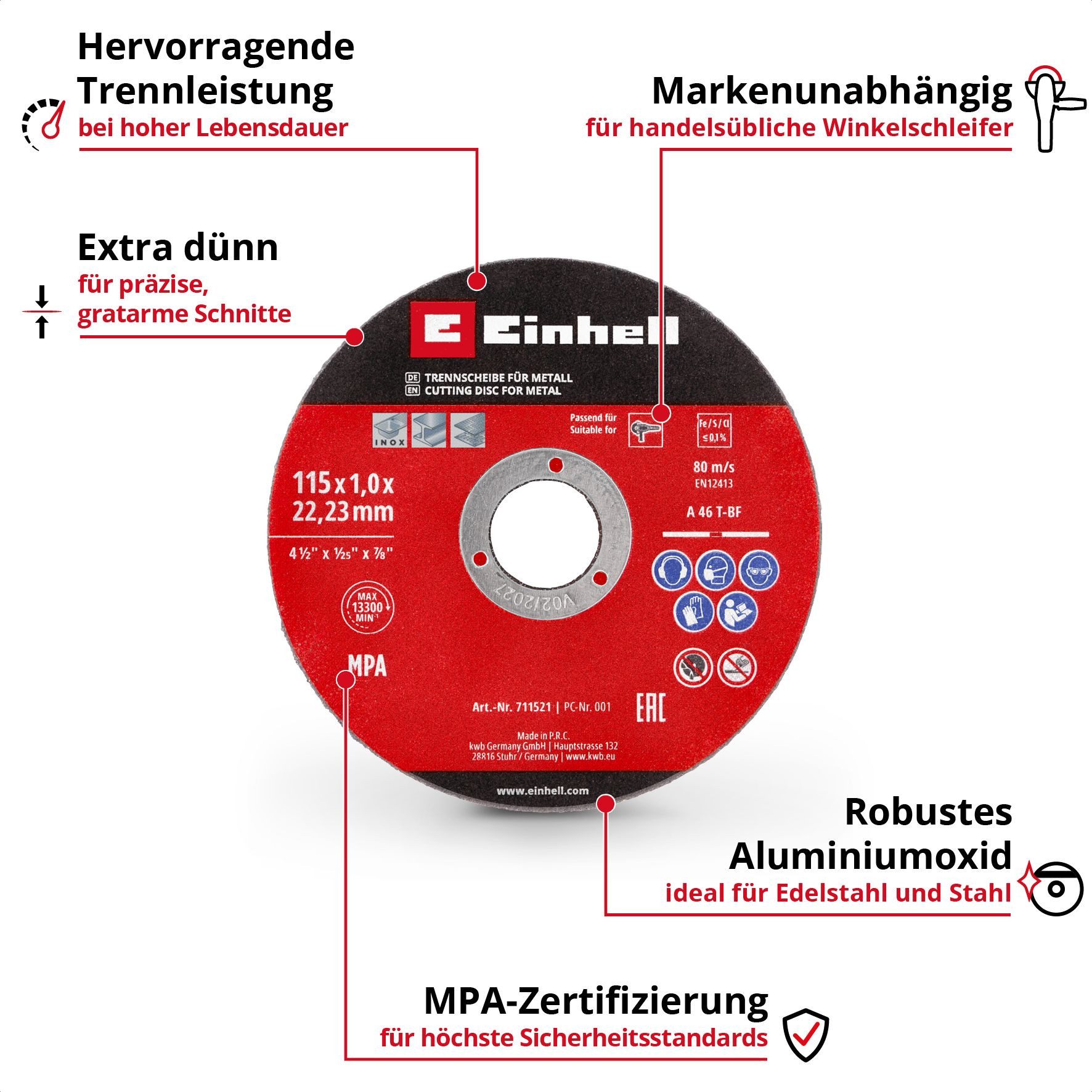 Einhell Trennscheiben Original Einhell 5-tlg. Dünntrennscheiben-Set für Metall, Ø 115 mm (1, (5-tlg), Original Einhell 5-tlg. Dünntrennscheiben-Set für Metall, Ø 115 mm (1
