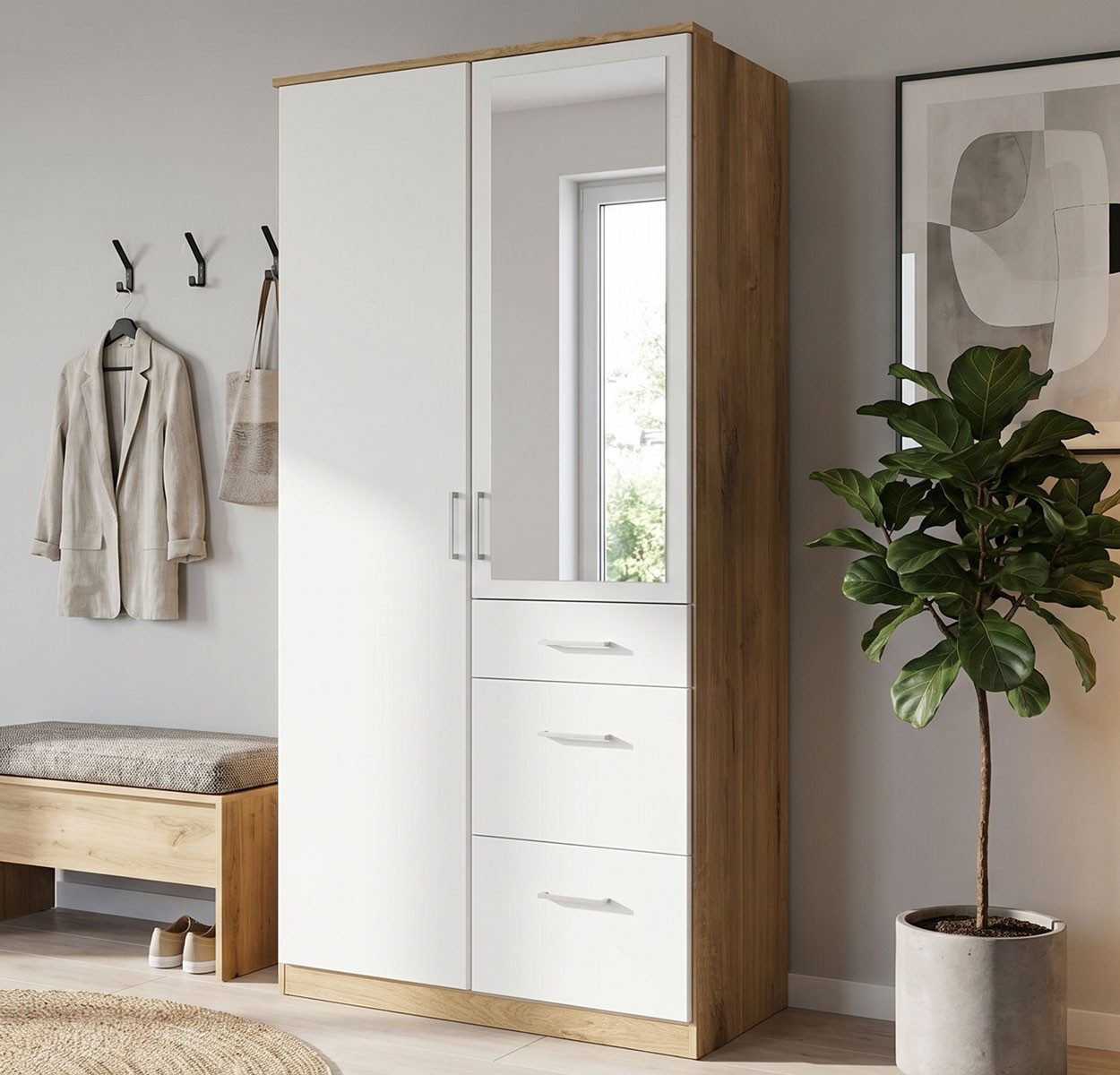 Wimex Drehtürenschrank Click (2 Türen, 3 Schubladen, 3 Einlegeböden, 1 Kleiderstange, 1-St., moderne Optik, 2-türig, Kunststoff Bügelgriffe, Spiegeltür) 90x58x199cm Plankeneiche weiß 2-türig