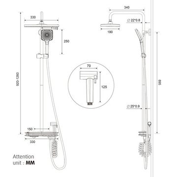 Rainsworth Duschsystem Duschsystem mit Thermostat, 3 Strahlart(en), Symphony 01,LED-Temperaturanzeige, 33*19 cm Regendusche, Metallic Grau