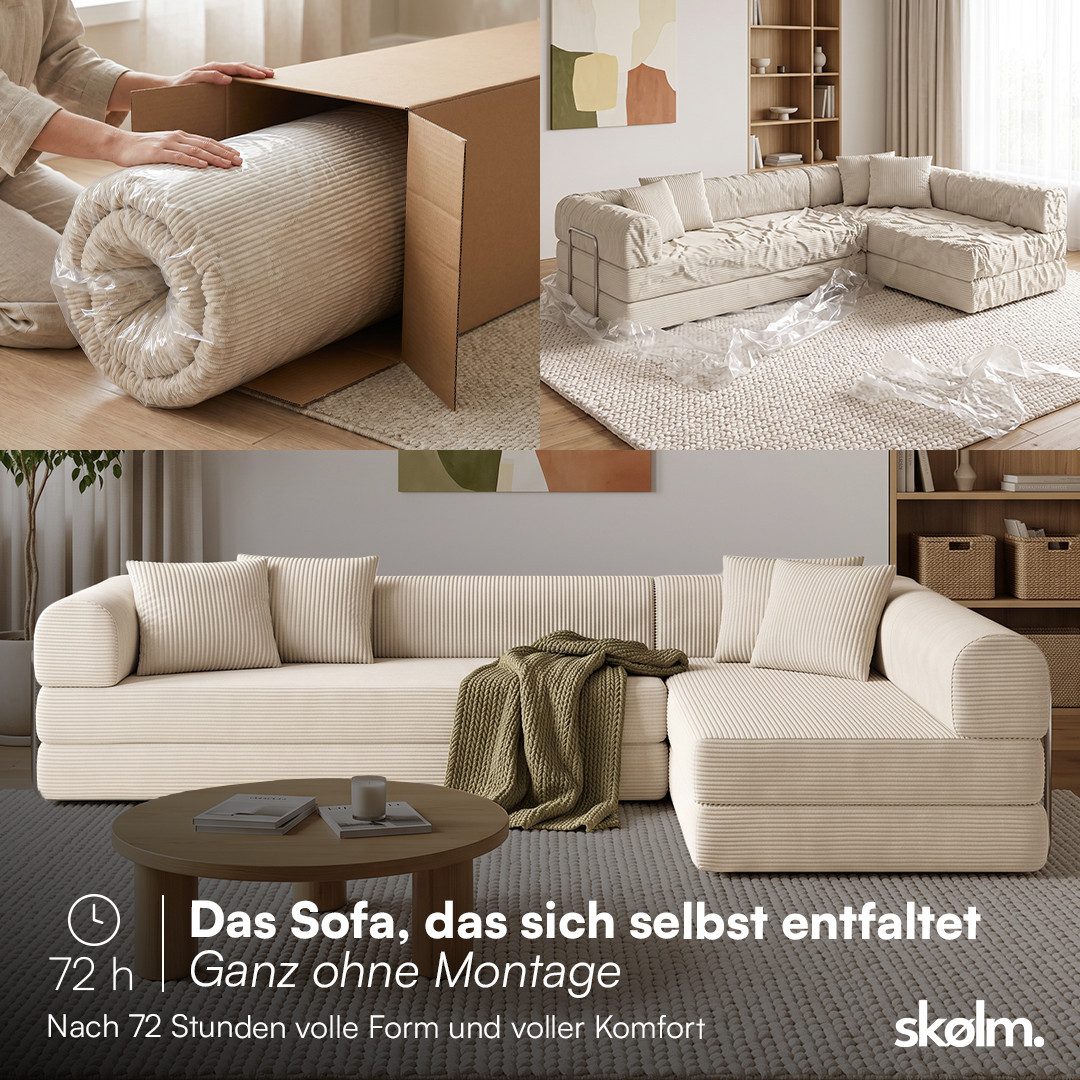 skølm Sofa & Sessel Lofn aus Vollschaum Cord, umwandelbar zum Schlafsofa/-Sessel, Beige, Ecksofa 300 cm breit, 4 Sitzer, kein Aufbau erforderlich, vakuumiert – Bild 3 von 5