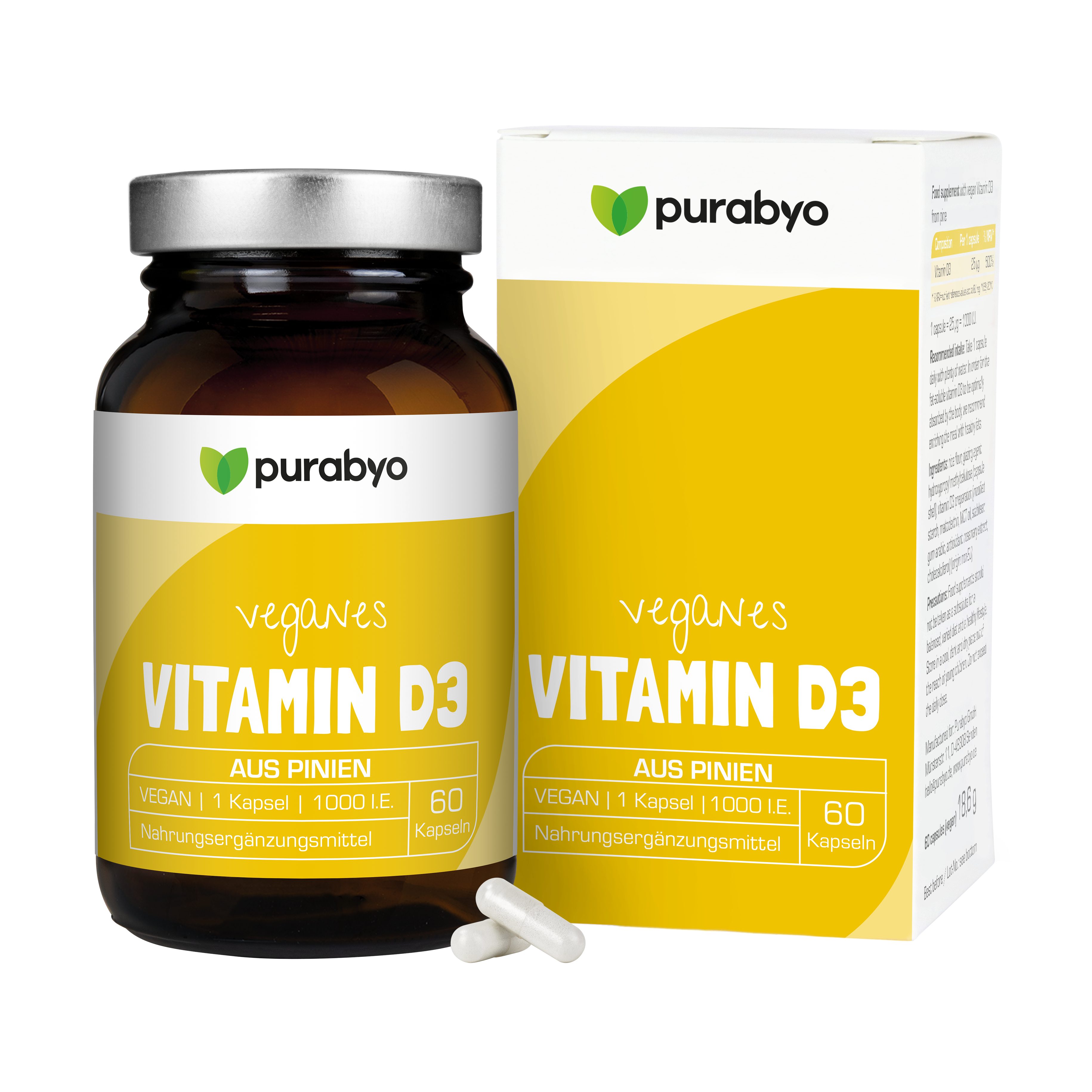 Purabyo Veganes Vitamin D3 aus Pinien Kapseln, 1 er 60 St., 18.6 g