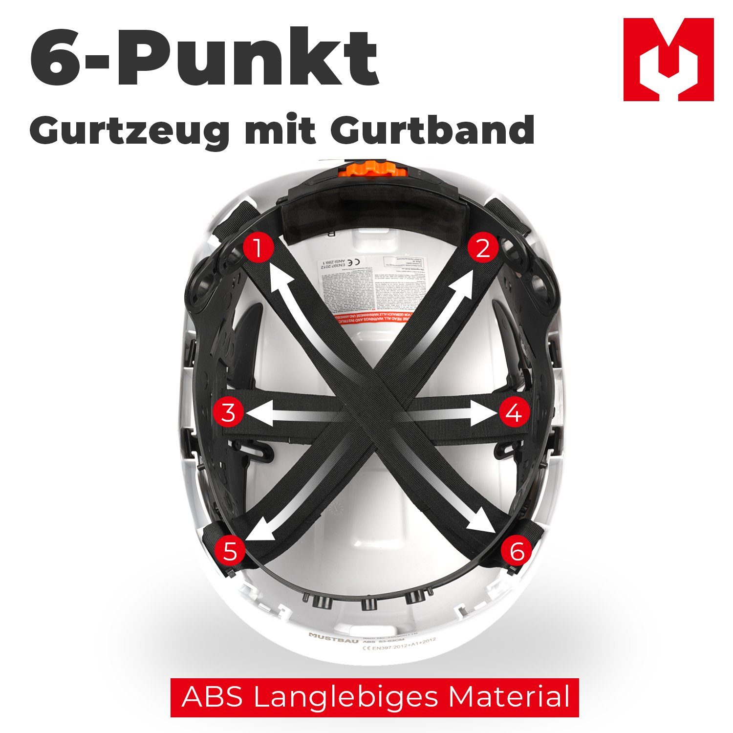 Mustbau Schutzhelm Arbeitshelm, EN397, ABS-Material, 53-63cm Verstellbarer Kopfumfang, Sicherheitshelm Bauhelm mit Anti-Beschlag-Brille und Schweißband