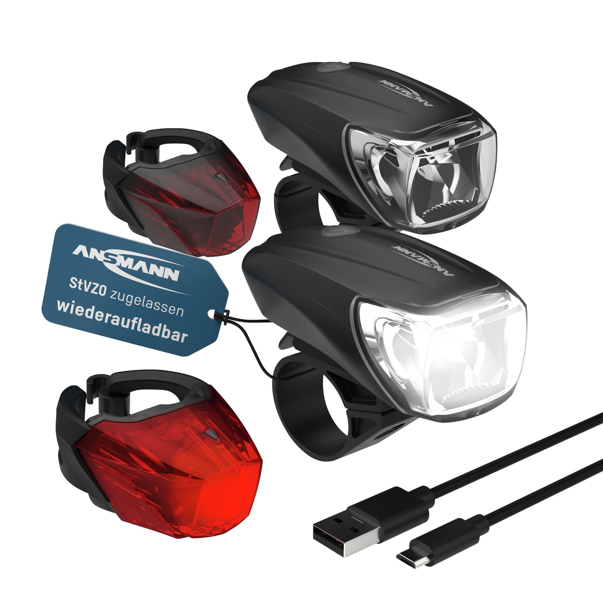 ANSMANN AG Fahrradbeleuchtung Fahrradbeleuchtung 2 Sets StVZO, aufladbar, Vorderlicht & Rücklicht
