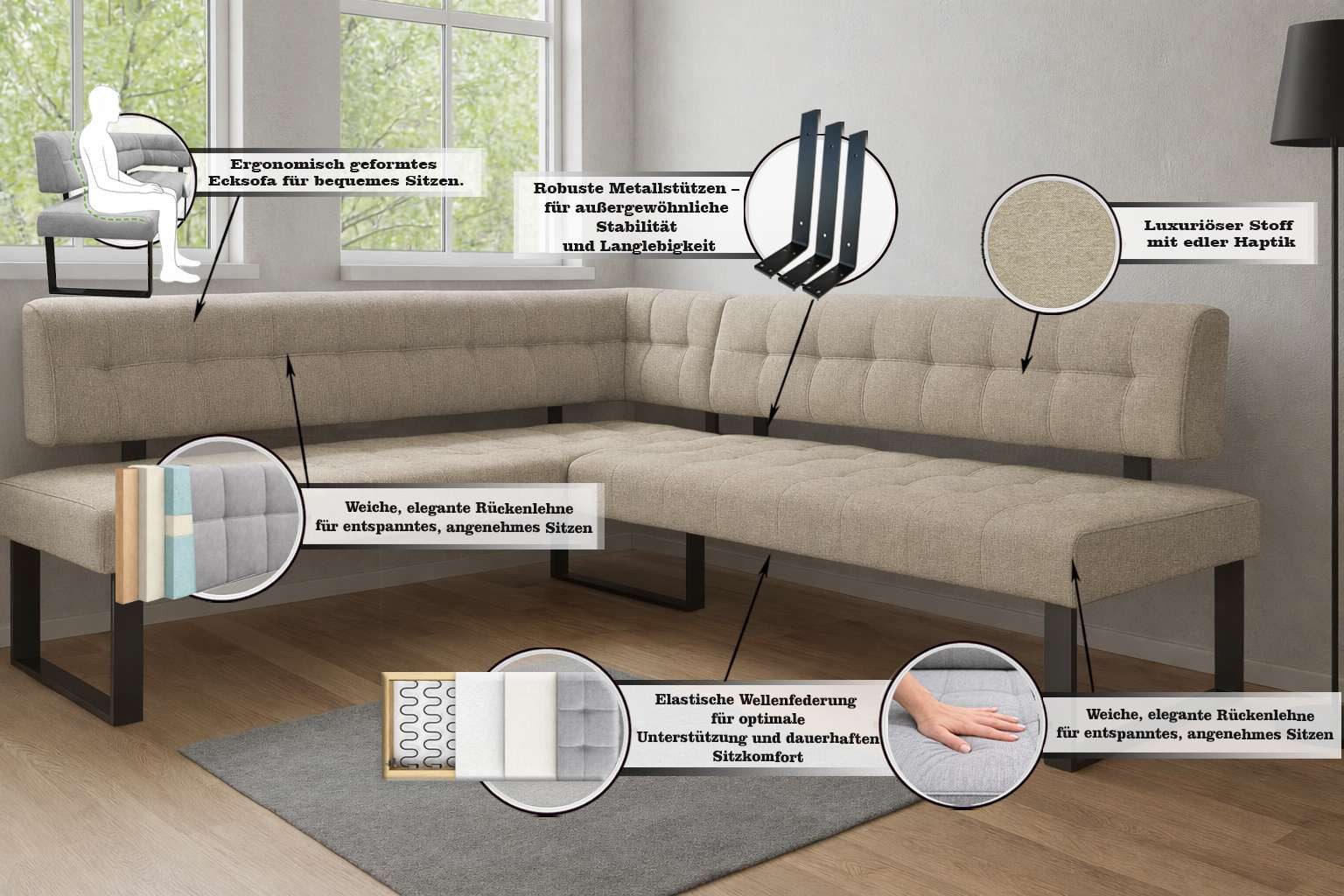 Home affaire Eckbank Mia Küchenbank, Polsterbank, Esszimmerbank, 207x167 cm, Moderne Bank und Farben, Sitzplatzanzahl: 5, Frei in Raum stellbar – Bild 3 von 5