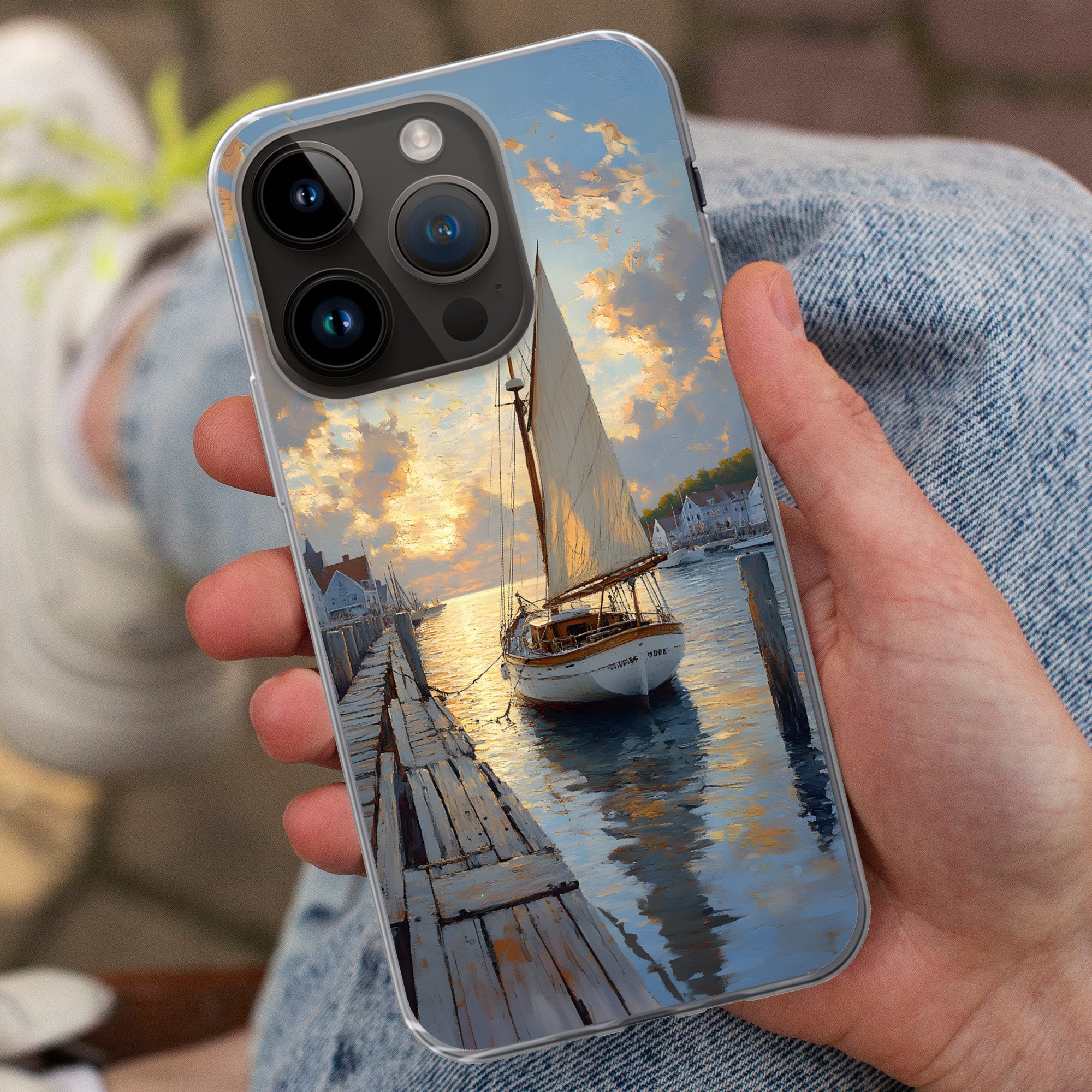 MuchoWow Handyhülle für Apple iPhone 14 Pro Segelboot - Sonne - Pier - Holz, Smartphone-Bumper, Print, Handy Schutzhülle Dünn