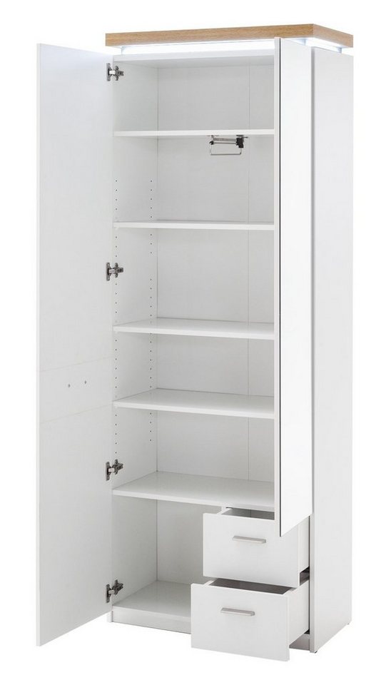 MCA furniture Garderobenschrank CALI, B 75 x H 201 cm, Weiß matt, Eiche  Wotan Dekor, mit 2 Türen und 2 Schubladen, Deckelplatte in Eiche Wotan Dekor