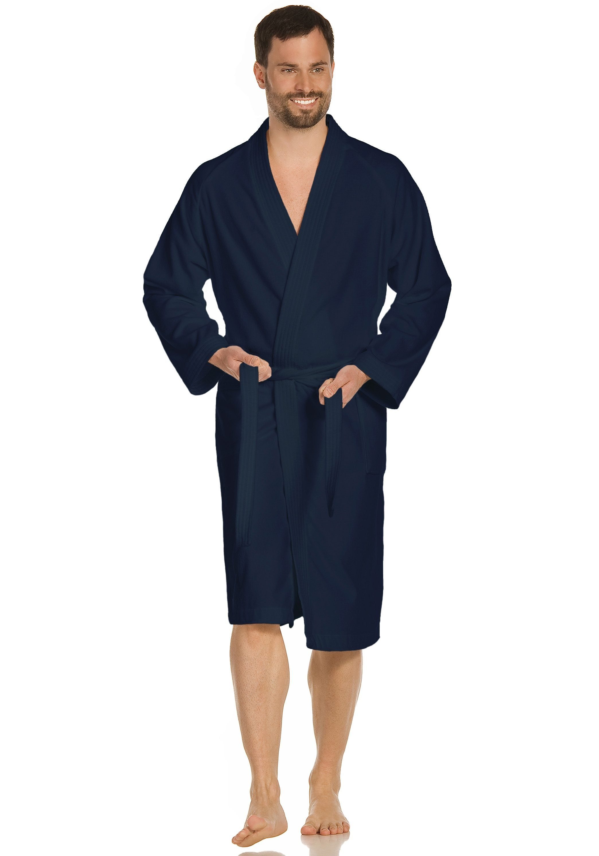 Kimono-Kragen, Baumwolle, Damen Dallas, & Kurzform, Unisex-Bademantel mit Herren, Webvelours, Vossen für Gürtel, reine Kimono-Kragen dunkelblau