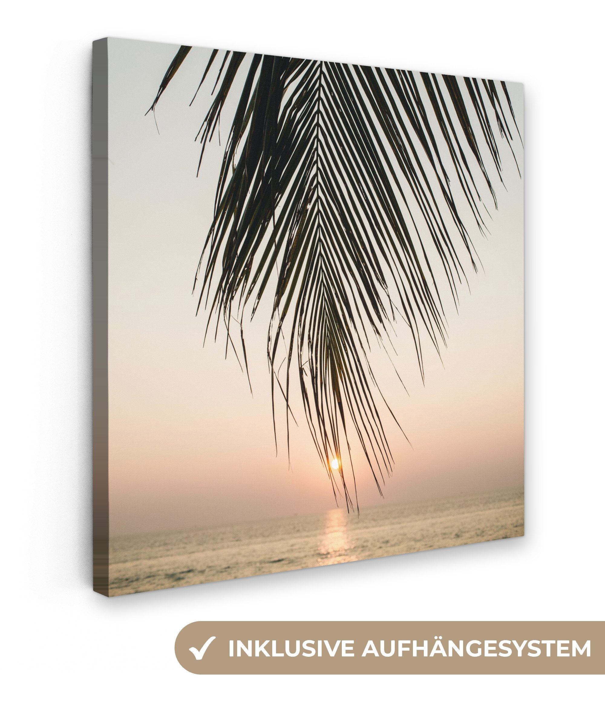 OneMillionCanvasses® Leinwandbild Palmenblatt - Sonne - Sommer - Strand, Fotodruck (1 St), Wandbild, Deko Schlafzimmer Wohnzimmer Flur 20x20 cm
