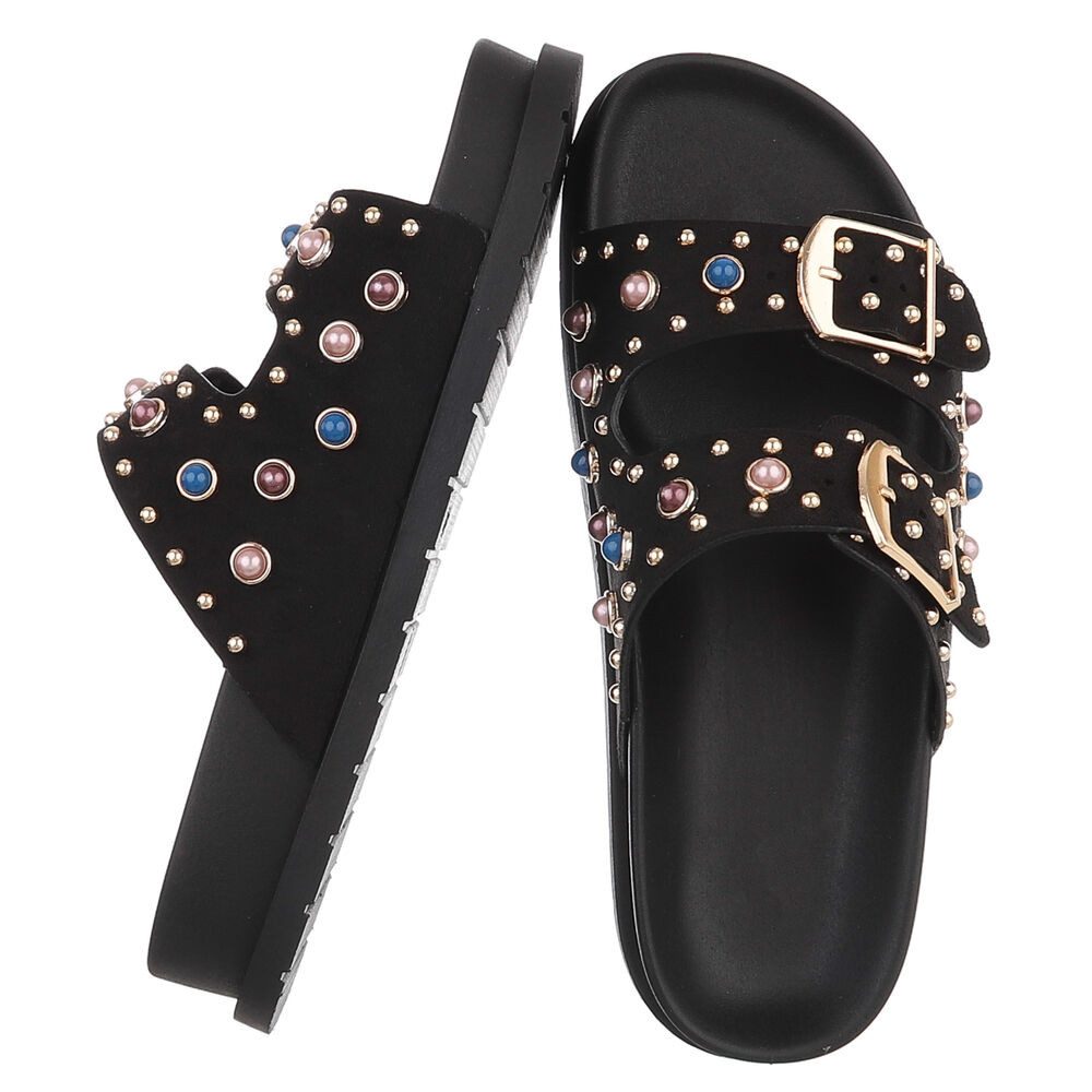 Ital-Design Damen Sandalen mit Schnallen und Zierdetails Pantolette (91849366) Keilabsatz/Wedge Pantoletten in Schwarz