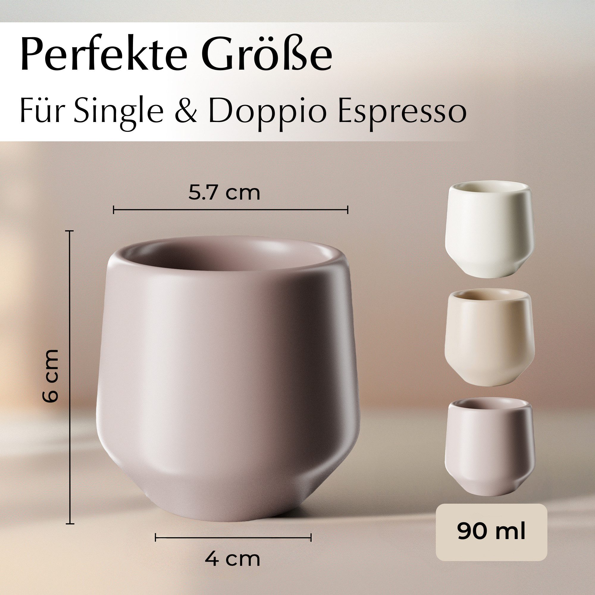 MiaMio Espressotasse Luxe ohne Henkel, 90 ml, Cream Rose Rosa, 4-tlg., Keramik, Ristretto & Doppio, dickwandig, modern