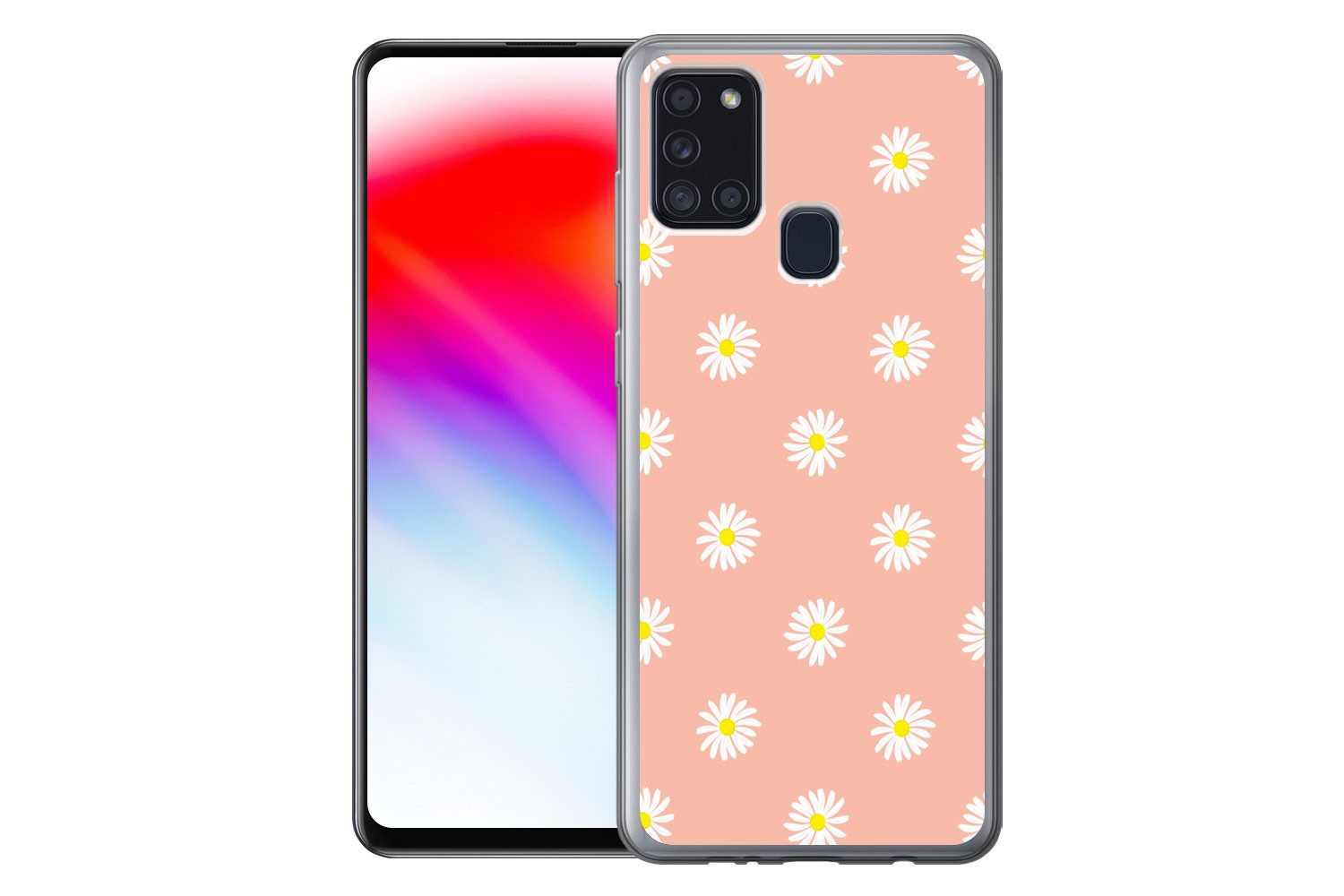 MuchoWow Handyhülle für Samsung Galaxy A21s Gänseblümchen - Pastell - Weiß - Rosa - Blumen, Smartphone-Bumper, Print, Handy Schutzhülle Dünn