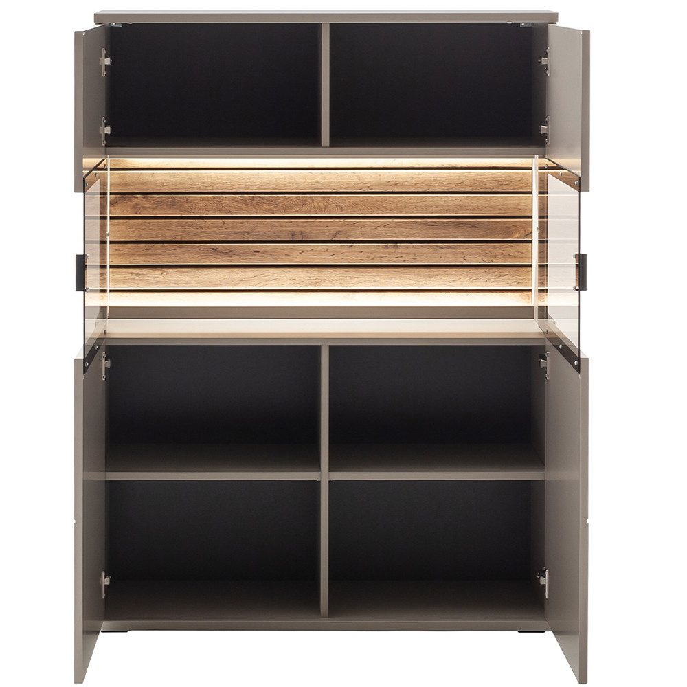 Lomadox Wohnzimmer-Set LIEZEN-05, (Mega-Spar-Set, 4-St., Highboard Fernsehschrank Wandregal Couchtisch), grau mit Eiche, inkl. Beleuchtung