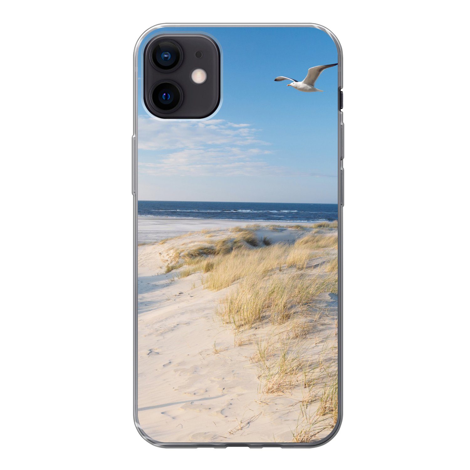 MuchoWow Handyhülle für Apple iPhone 12 Mini Düne - Möwe - Strand - Meer - Sonne, Smartphone-Bumper, Print, Handy Schutzhülle Dünn