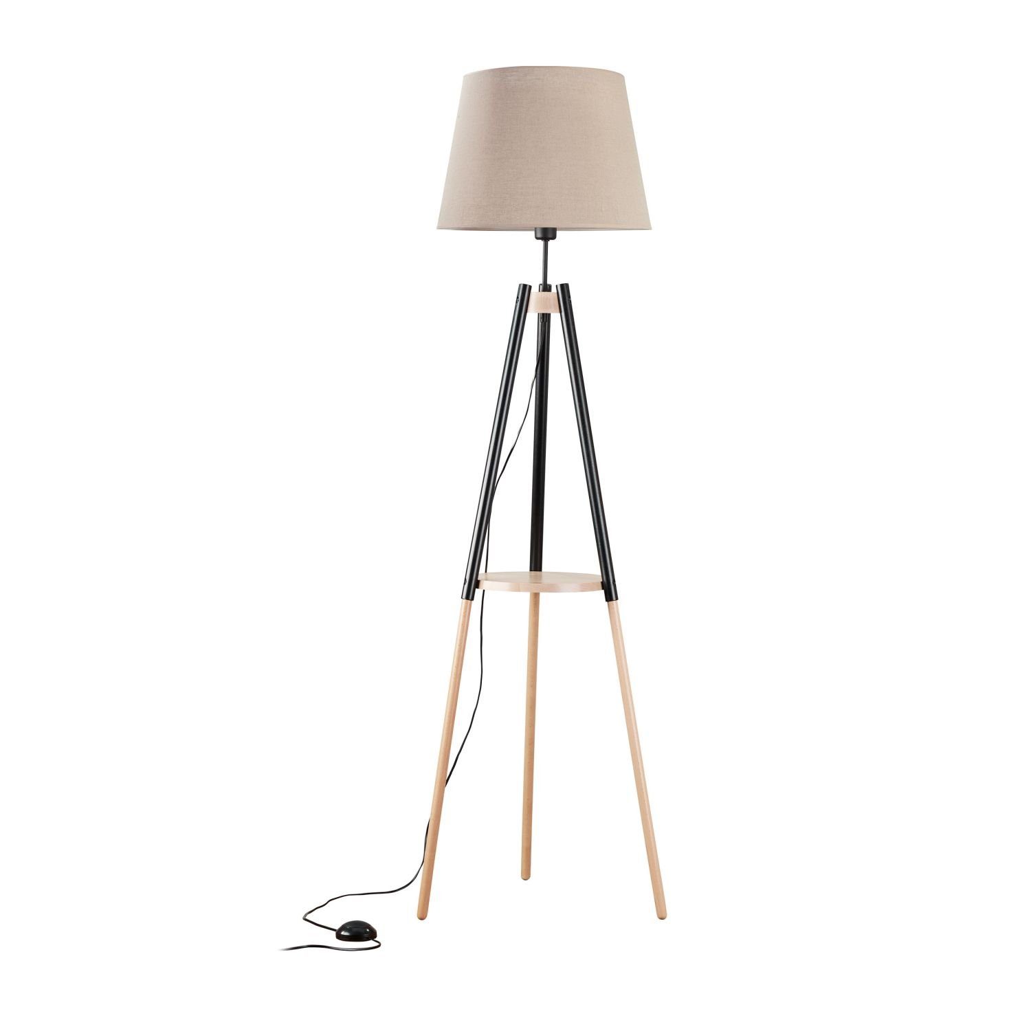 Licht-Erlebnisse Stehlampe VAIO, ohne Leuchtmittel, Dreibein 156 cm mit Ablage E27 Stoff Holz Tripod Wohnzimmer