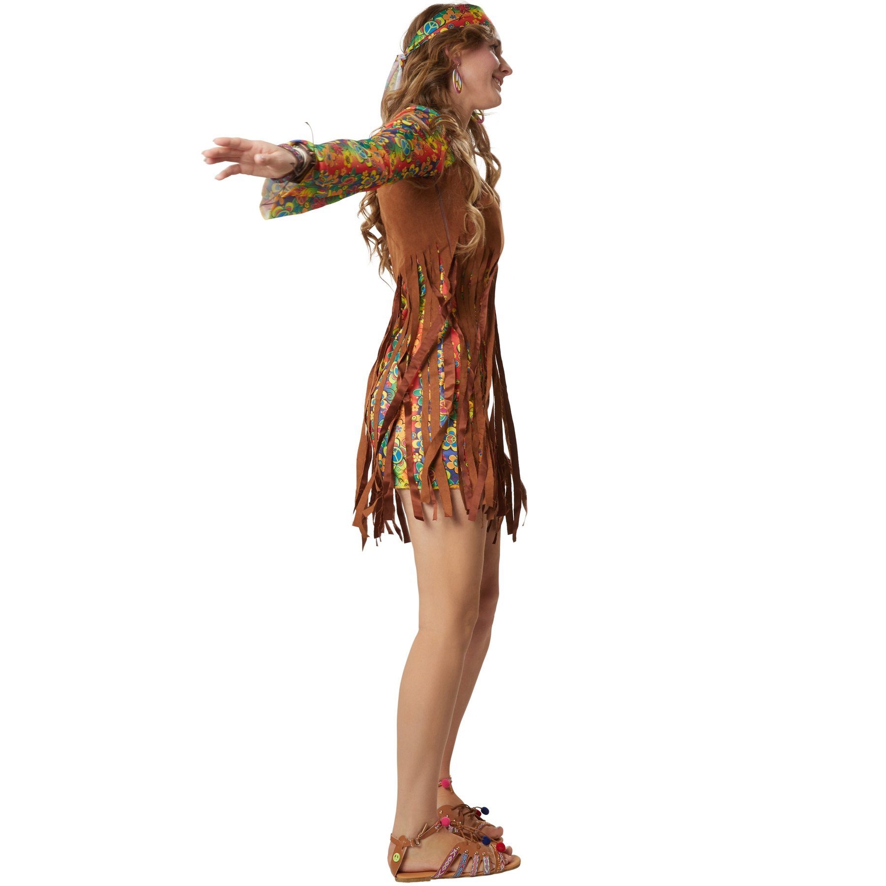 dressforfun Hippie-Kostüm Blumenkind/Friedensfreund, Gr. XL, Kurzes Kleid mit bunten Mustern, in bunt, Ärmellose Weste in Wildlederoptik mit langen Fransen