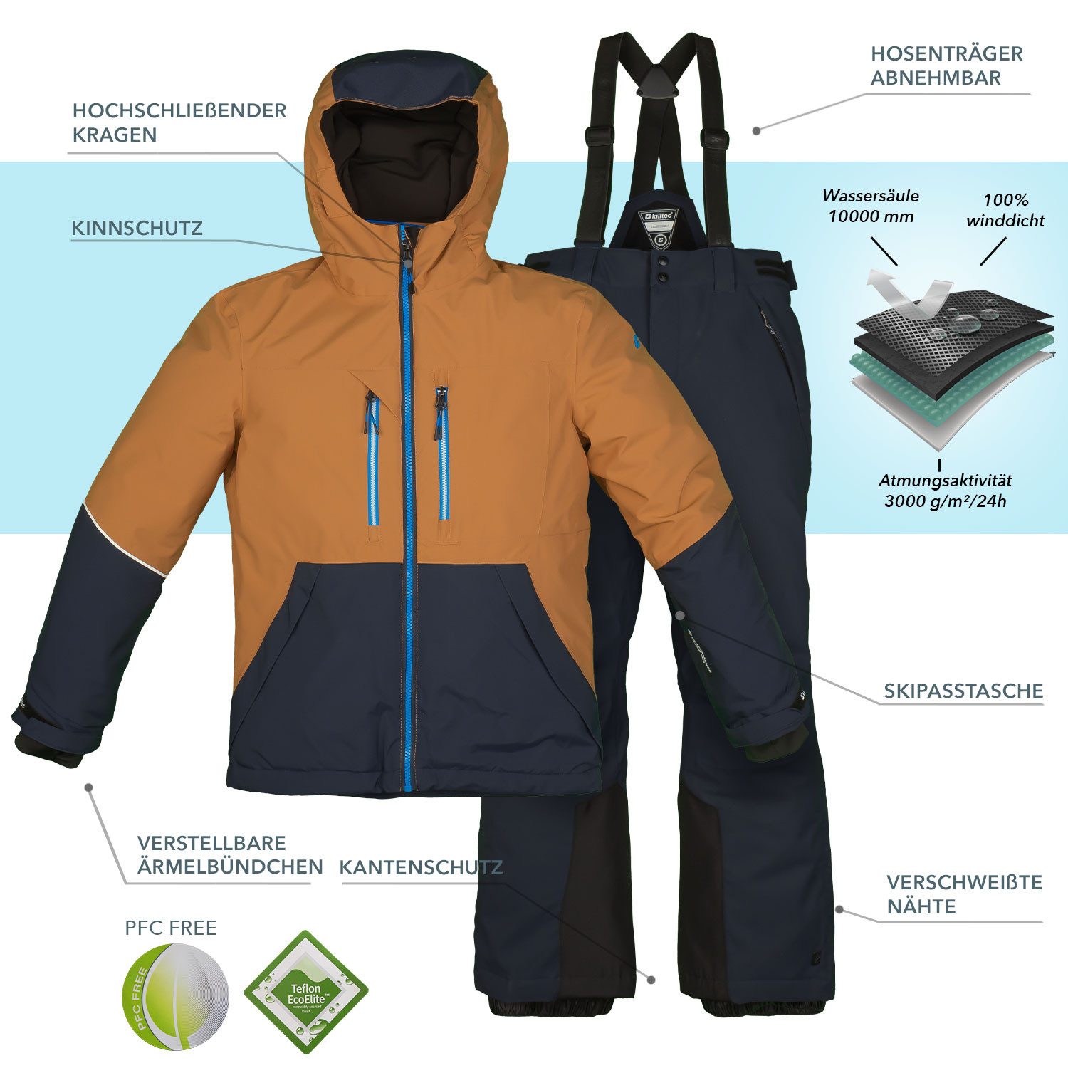 Killtec Skianzug Jungen Skijacke braun + Skihose dunkelblau, verschweißte Nähte
