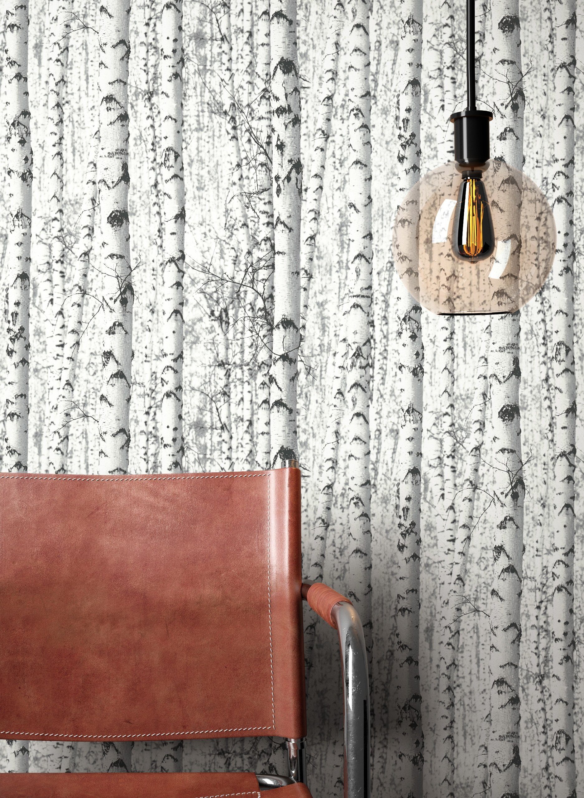 Newroom Vliestapete, Schwarz Tapete Modern Birke - Mustertapete Weiß Skandi günstig online kaufen