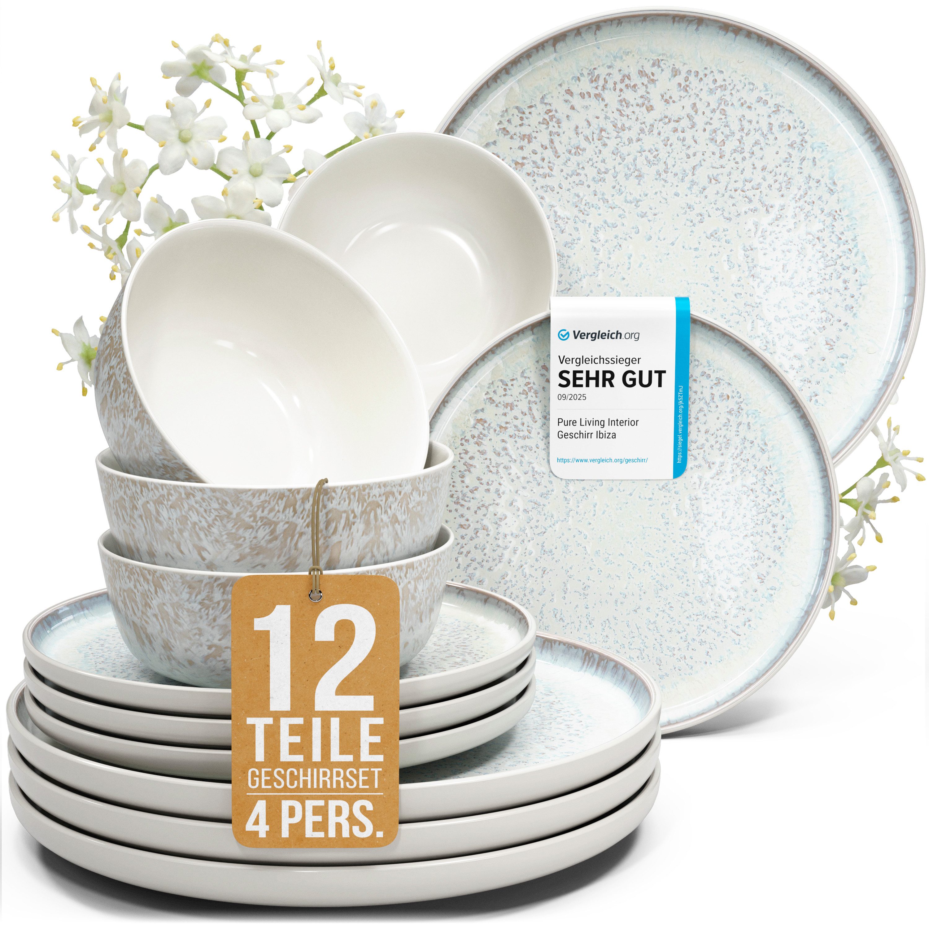 PURE LIVING INTERIOR DESIGN Geschirr-Set Ibiza aus Steingut, 12-tlg., für 4 Personen, Beige (12-tlg), 4 Personen, Steingut