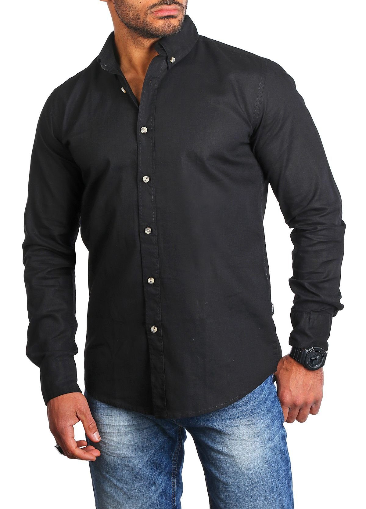 Baumwoll CARISMA Mix Hemd Schwarz Leinen Button-Down-Kragen Langarm 8529 Langarmhemd Casual Uni Regular Herren