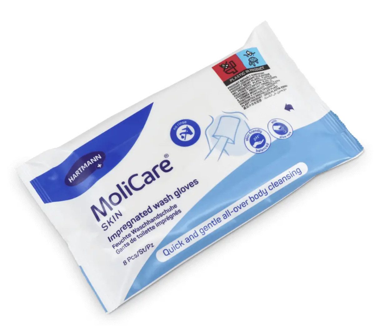 DocMed Einmal-Waschhandschuh MoliCare Skin feuchte Waschhandschuhe (8 Stck) (Hygienische Einmalverwendung 8-St. Hautneutraler pH-Wert), Besonders weiches Vliesmaterial für angenehme Anwendung